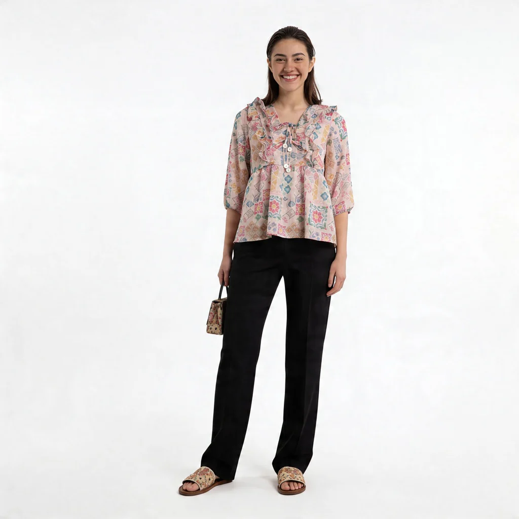 Printed Peplum Top With Ruffle and Tie-Up Neck Detail