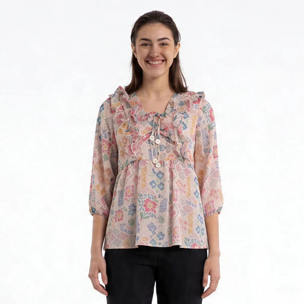 Printed Peplum Top With Ruffle and Tie-Up Neck Detail - Image 2