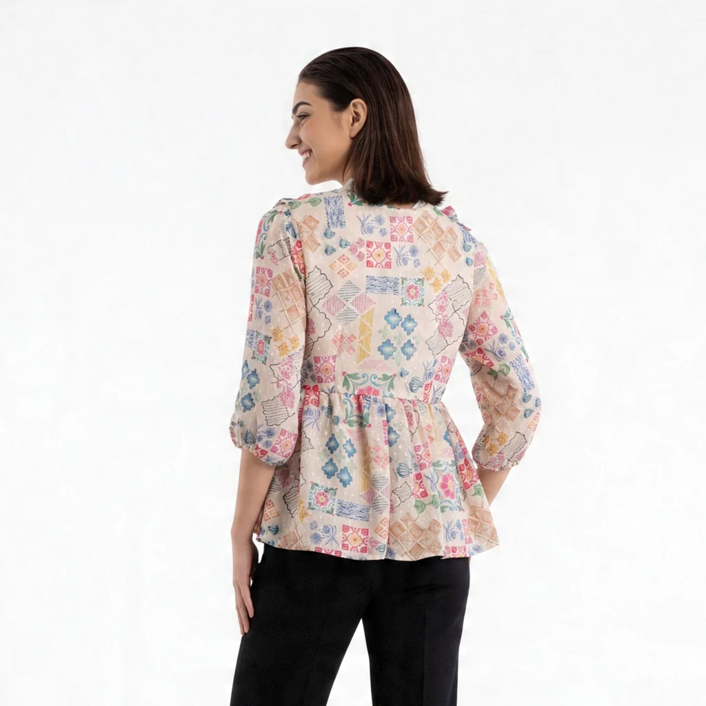 Printed Peplum Top With Ruffle and Tie-Up Neck Detail - Image 3