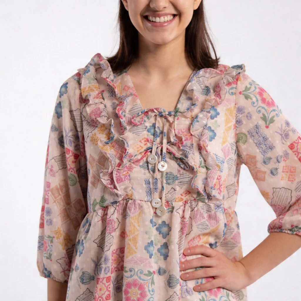Printed Peplum Top With Ruffle and Tie-Up Neck Detail - Image 4