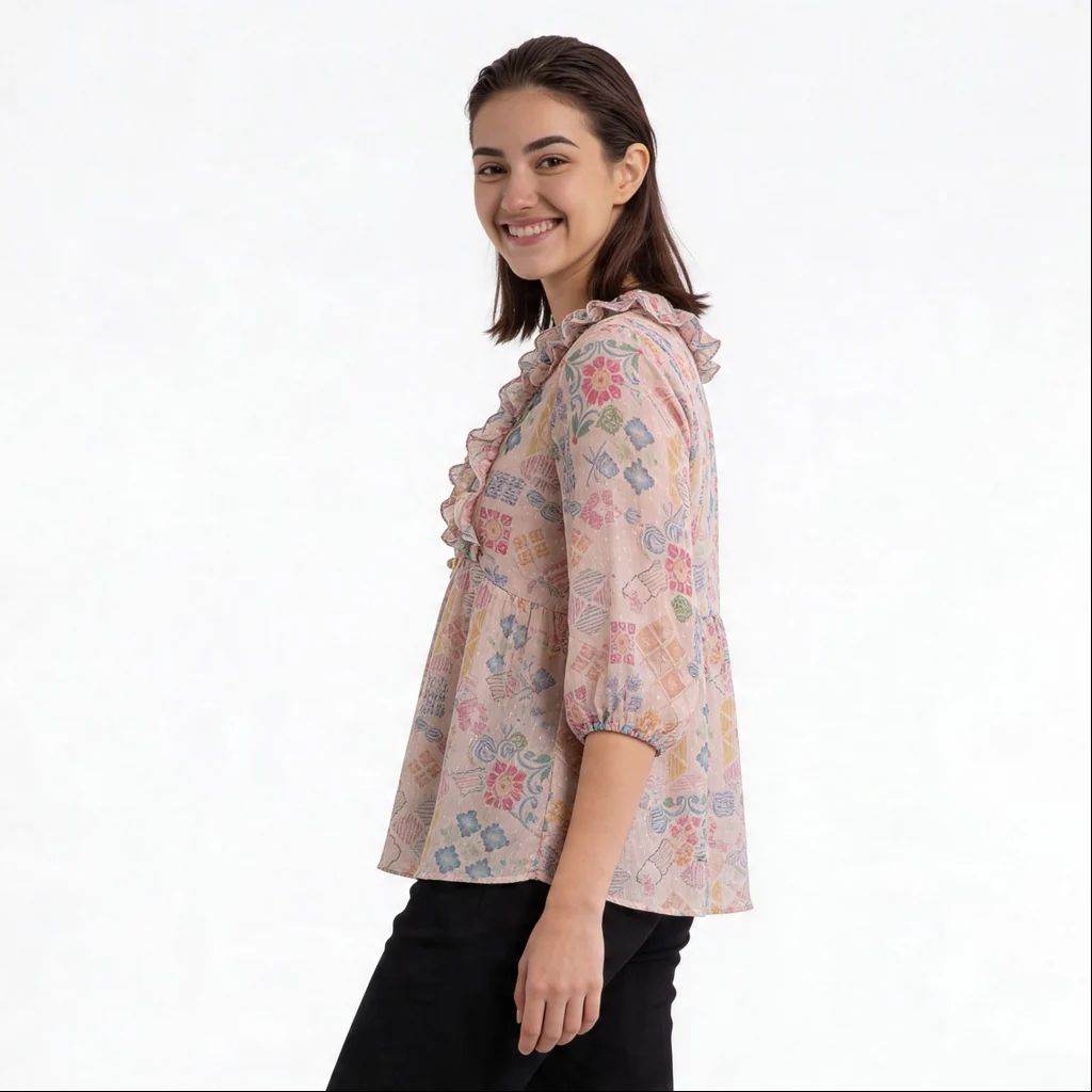 Printed Peplum Top With Ruffle and Tie-Up Neck Detail - Image 5