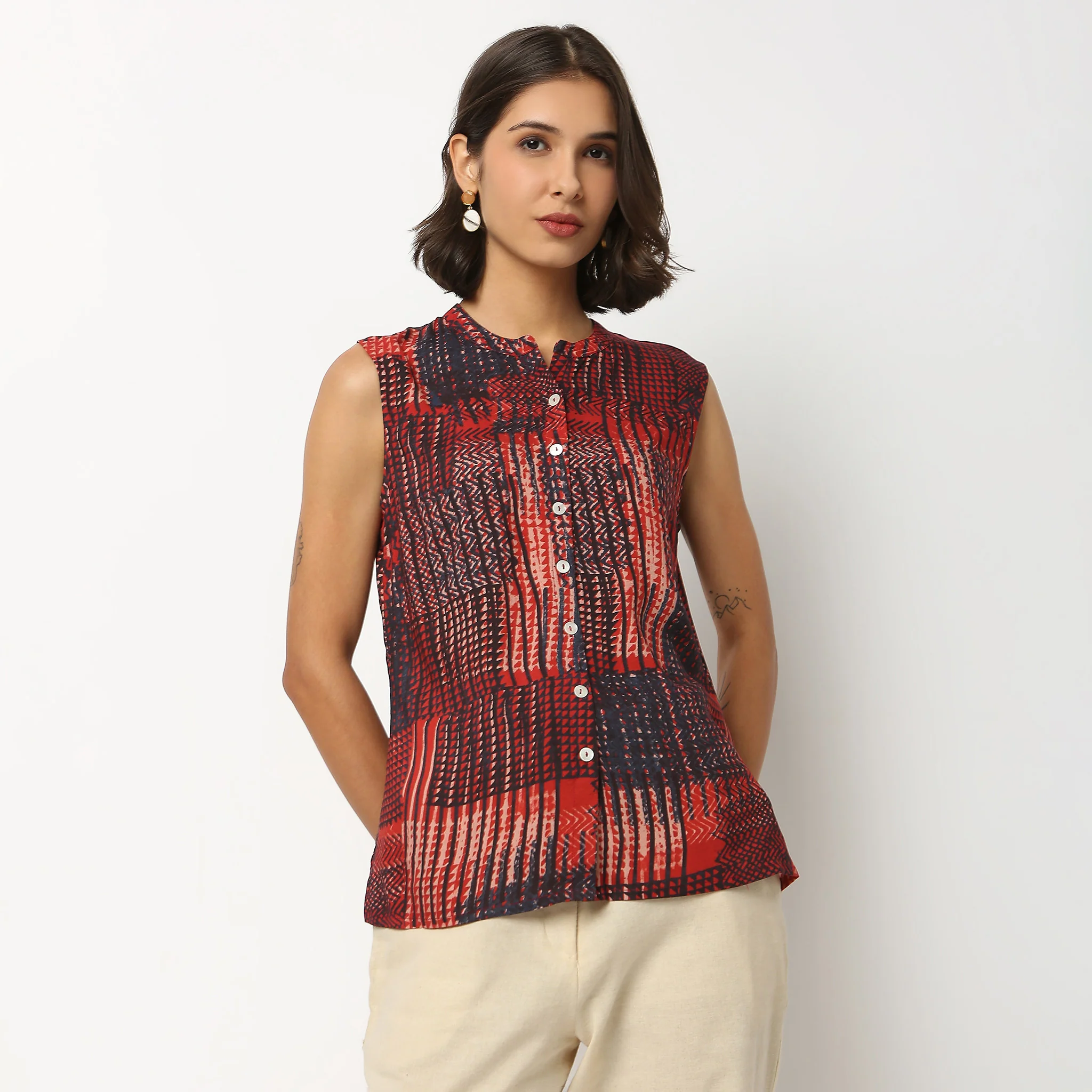 Printed Band Neck Kurta - Image 2
