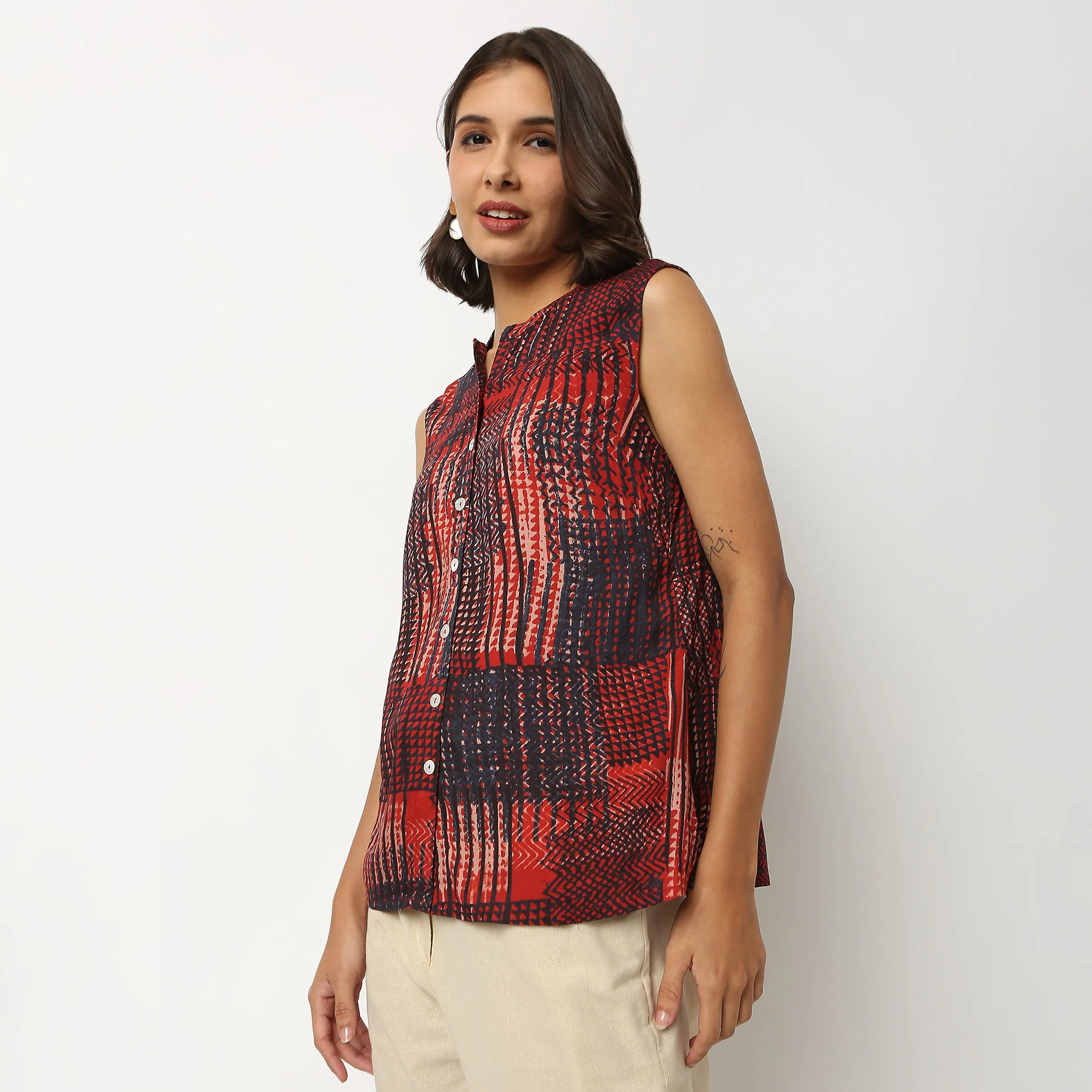 Printed Band Neck Kurta - Image 5