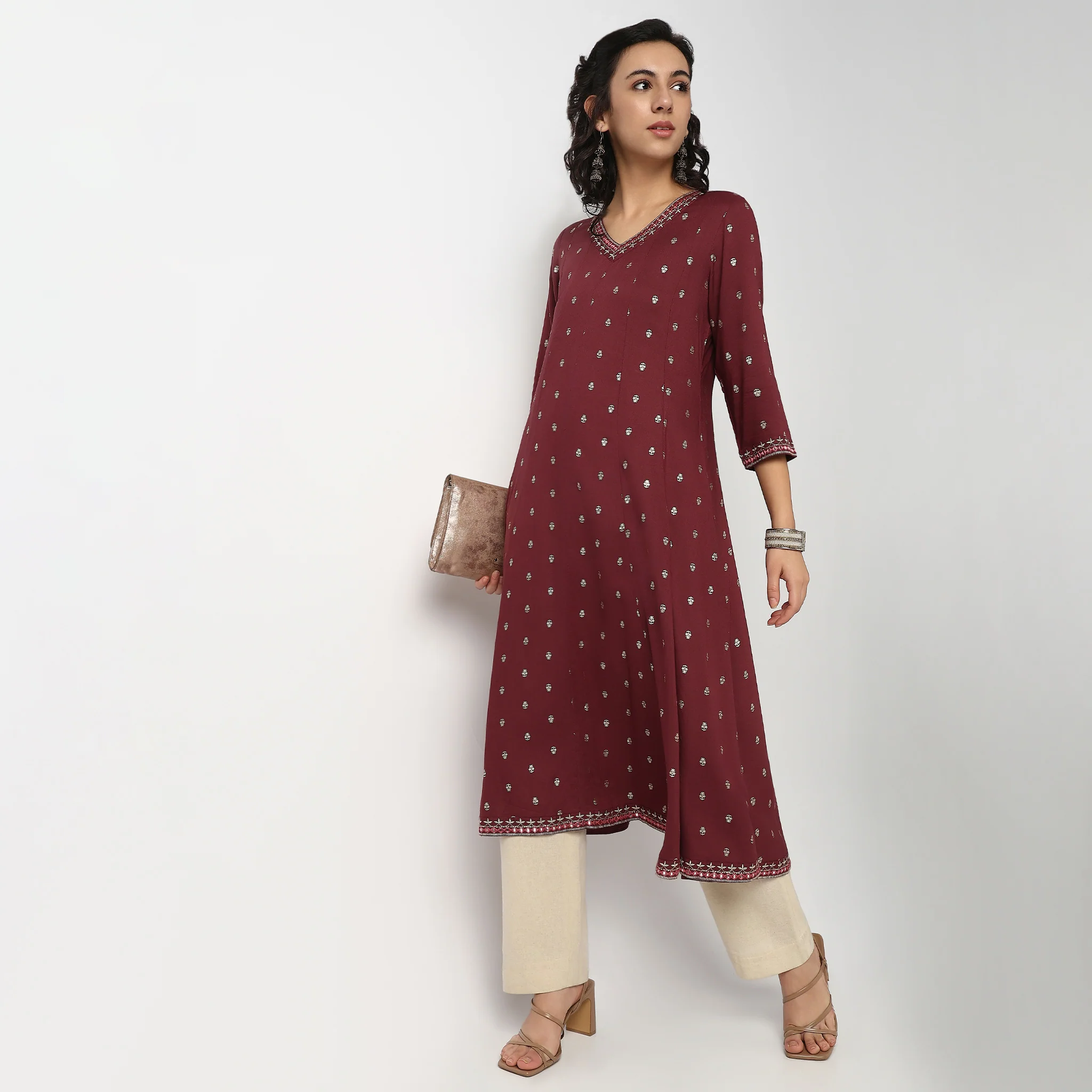 Printed V-Neck Kalidar Kurta