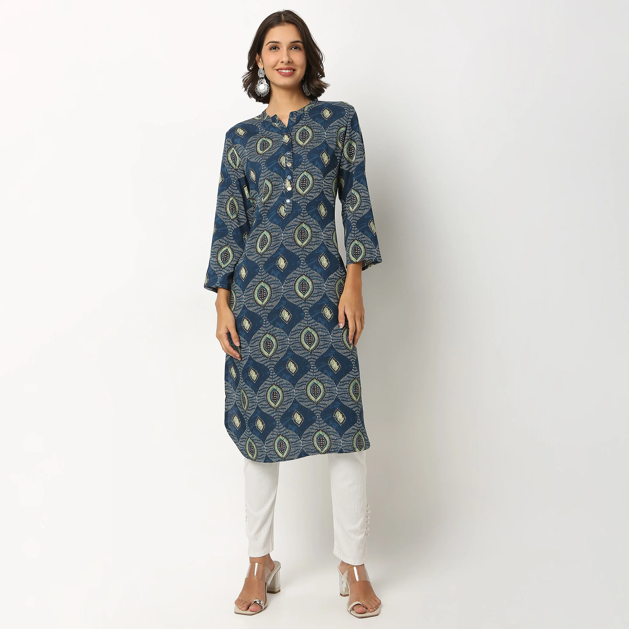 Printed Band Collar Kurta - Image 2
