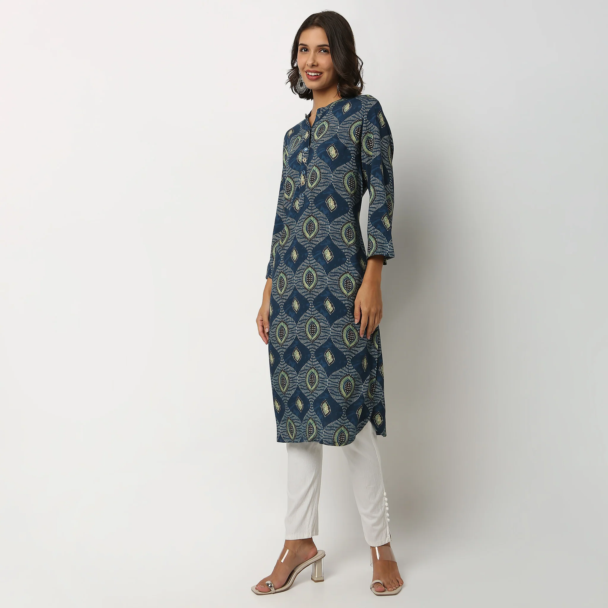 Printed Band Collar Kurta - Image 5