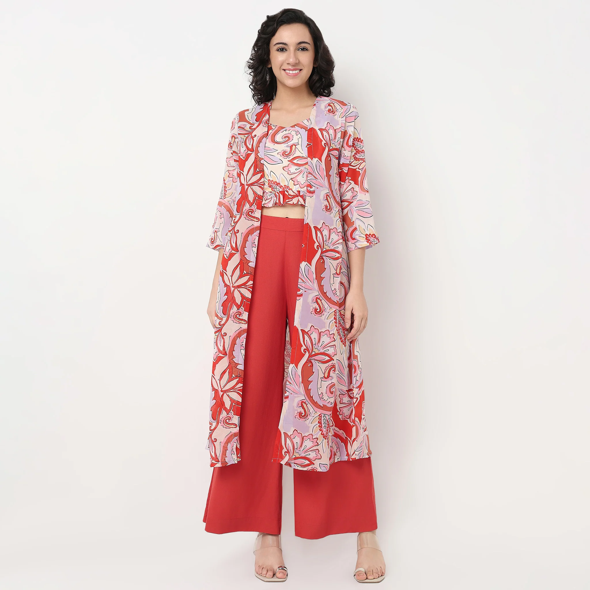 Printed Relaxed Fit Shrug With Crop Top and Pants - Image 2