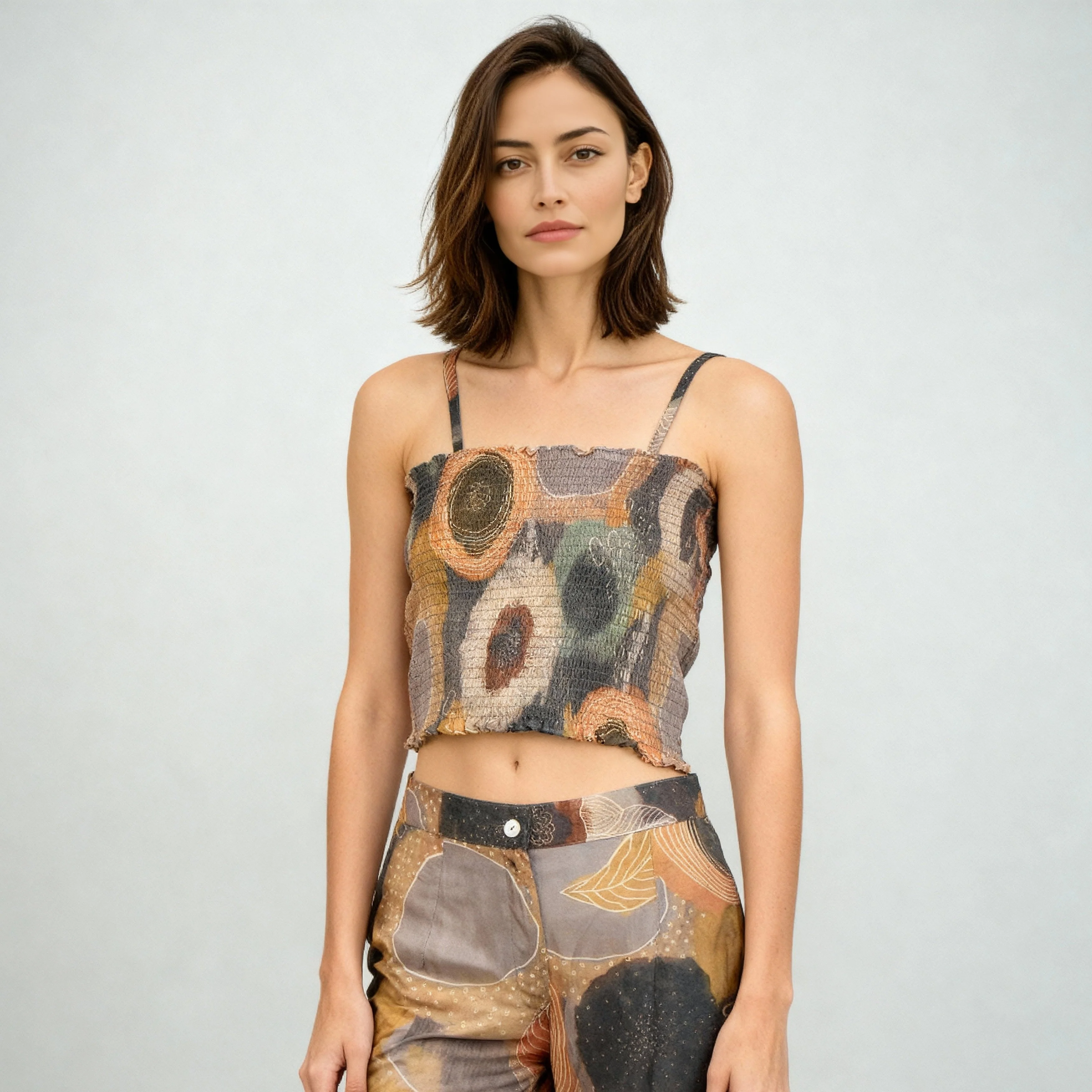 Printed Shirt Collar Shrug With Smocked Crop Top - Image 3