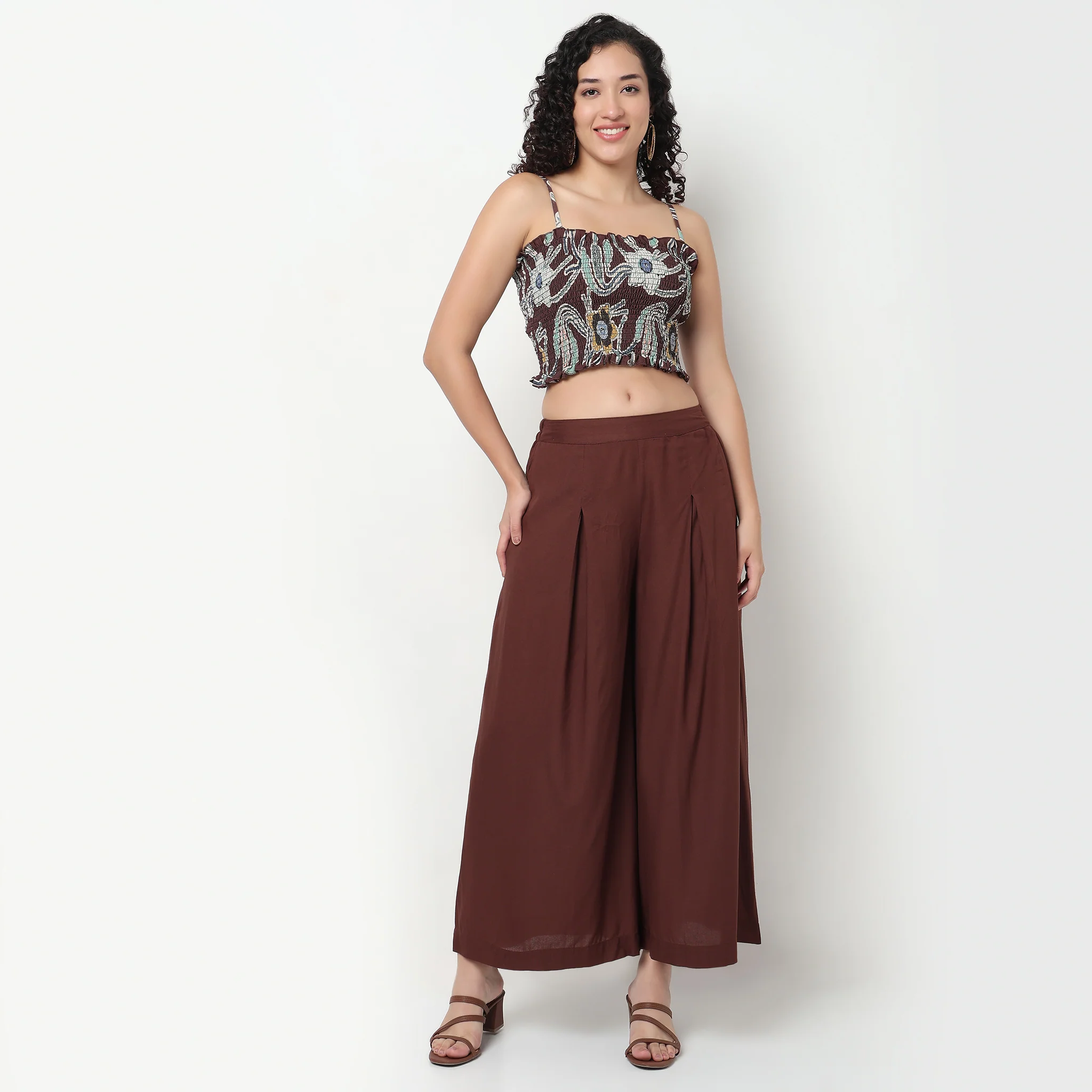 Printed Shrug With Smocked Crop Top and Pant Set - Image 6