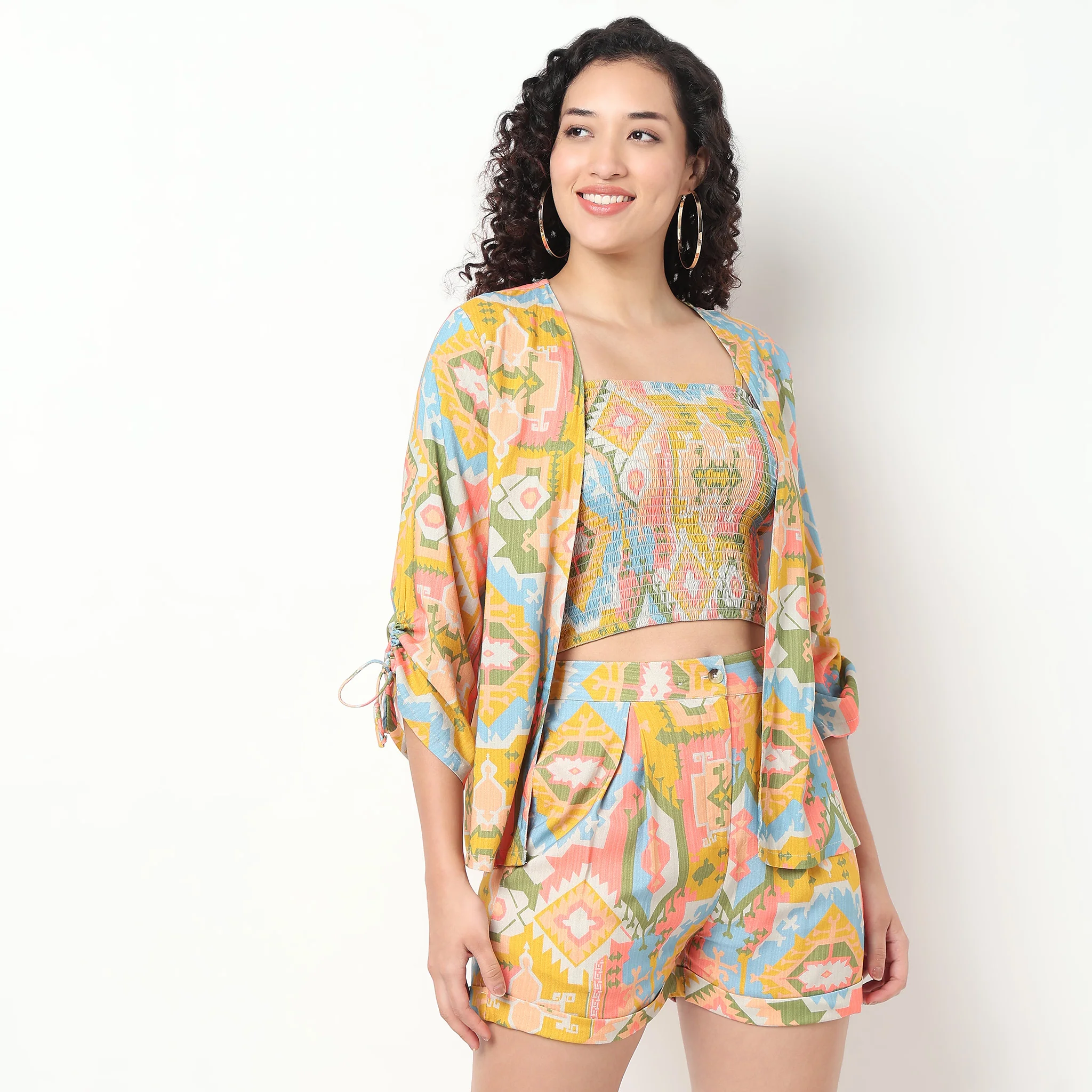 Printed Shrug With Smocked Crop Top Set - Image 6