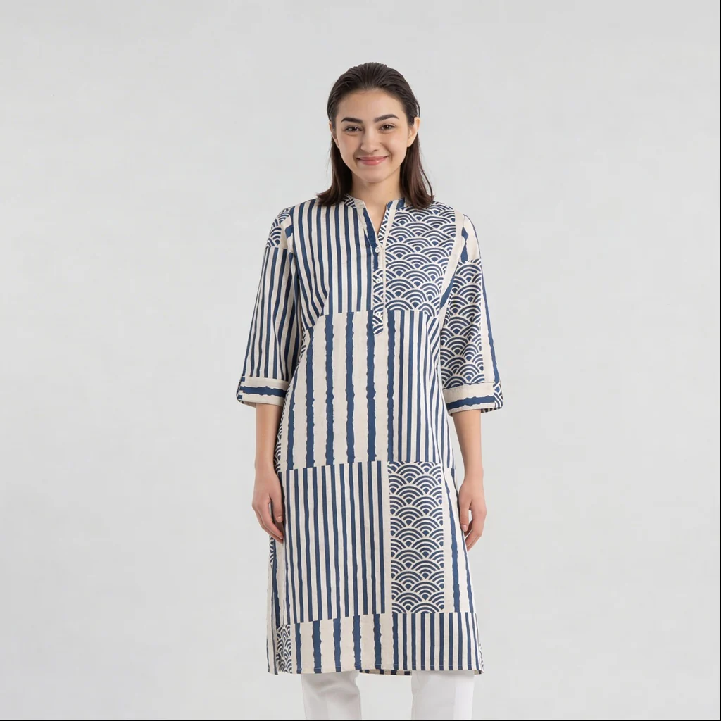 Printed Straight Half Placket Long Kurta - Image 2