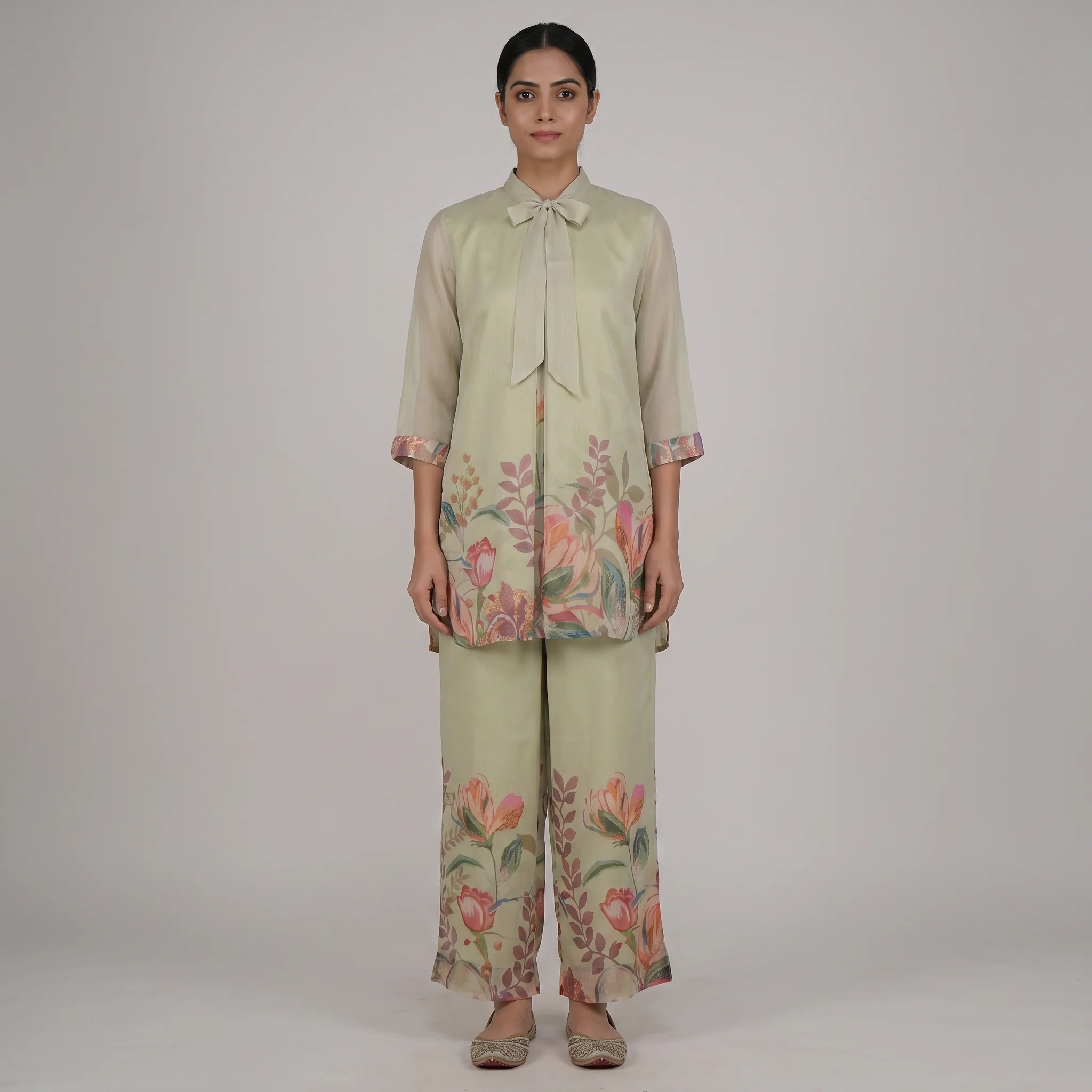 Printed Tie Up Straight Kurta with Pant Set