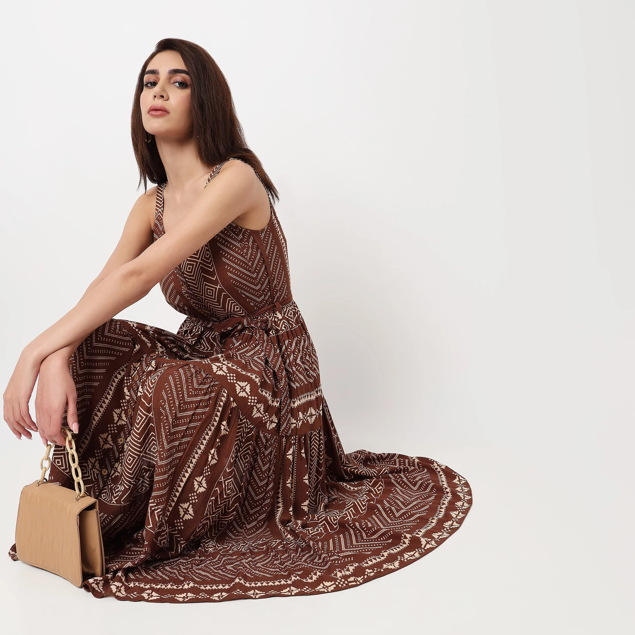 Printed Tiered Strappy Dress With Front Placket