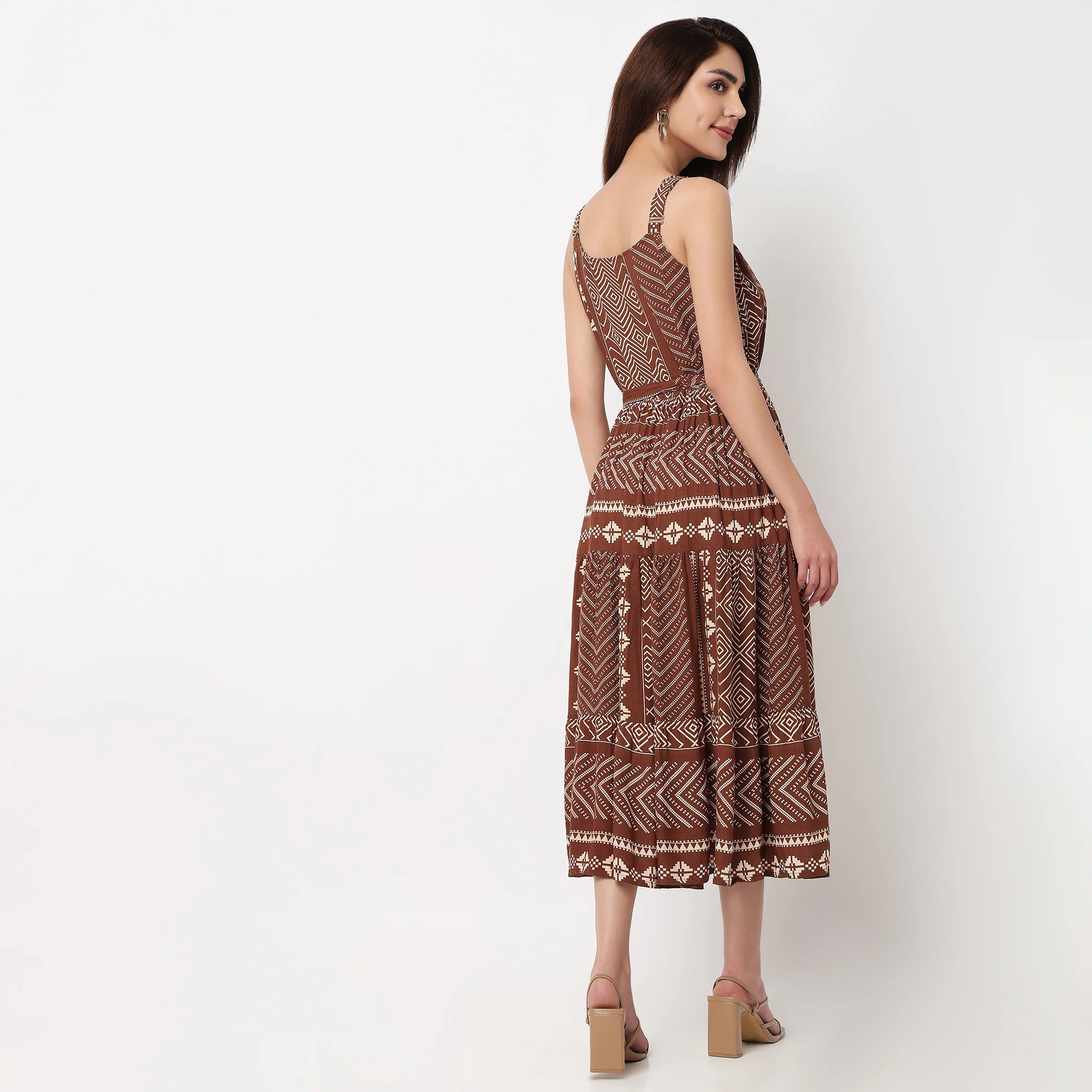 Printed Tiered Strappy Dress With Front Placket - Image 3