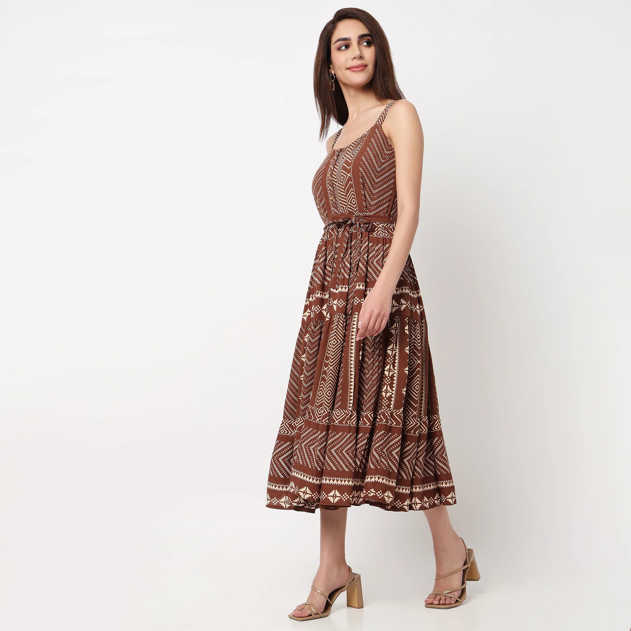 Printed Tiered Strappy Dress With Front Placket - Image 5