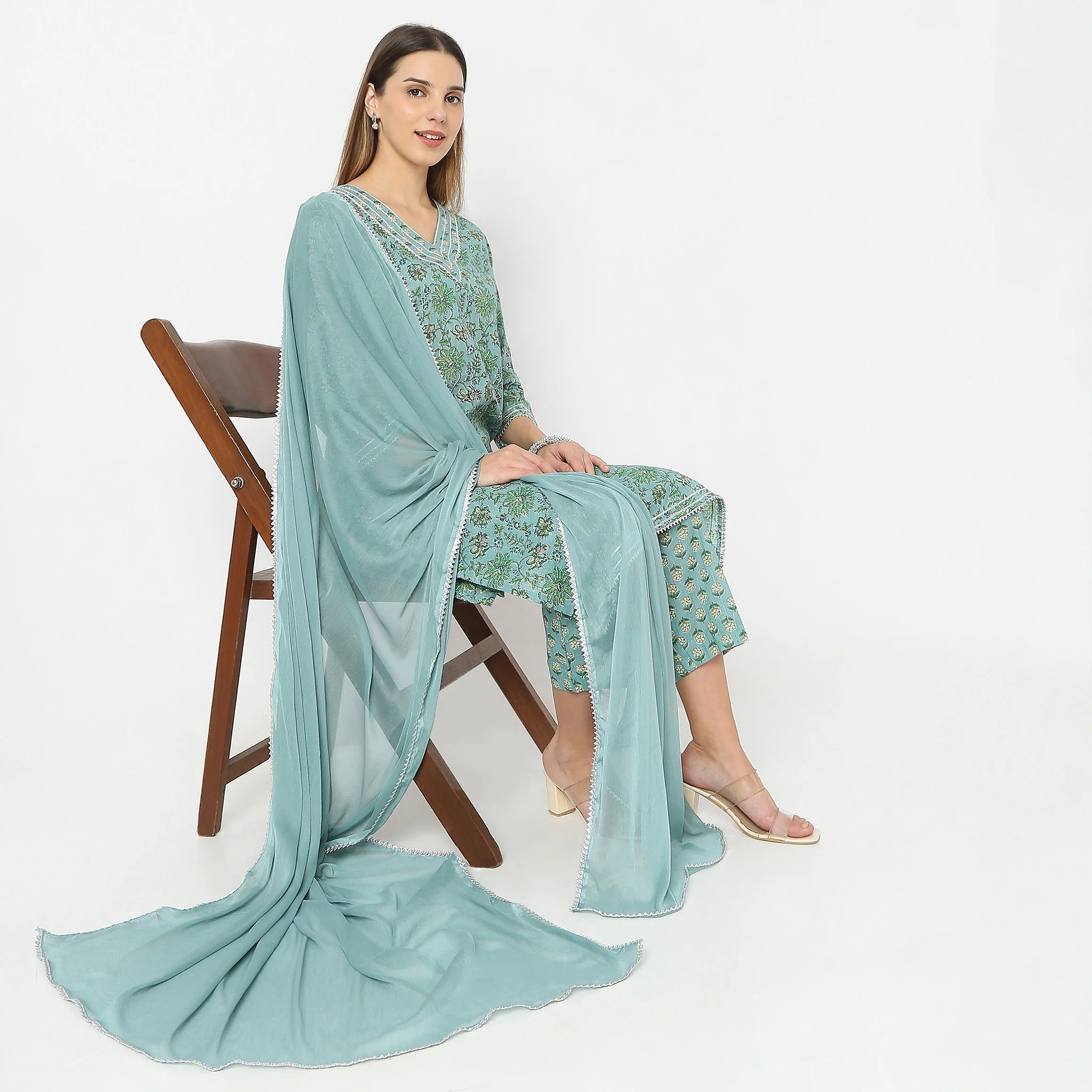 Printed V-Neck Handcrafted Elegance Flare Fit Kurta And Pant With Dupatta Set