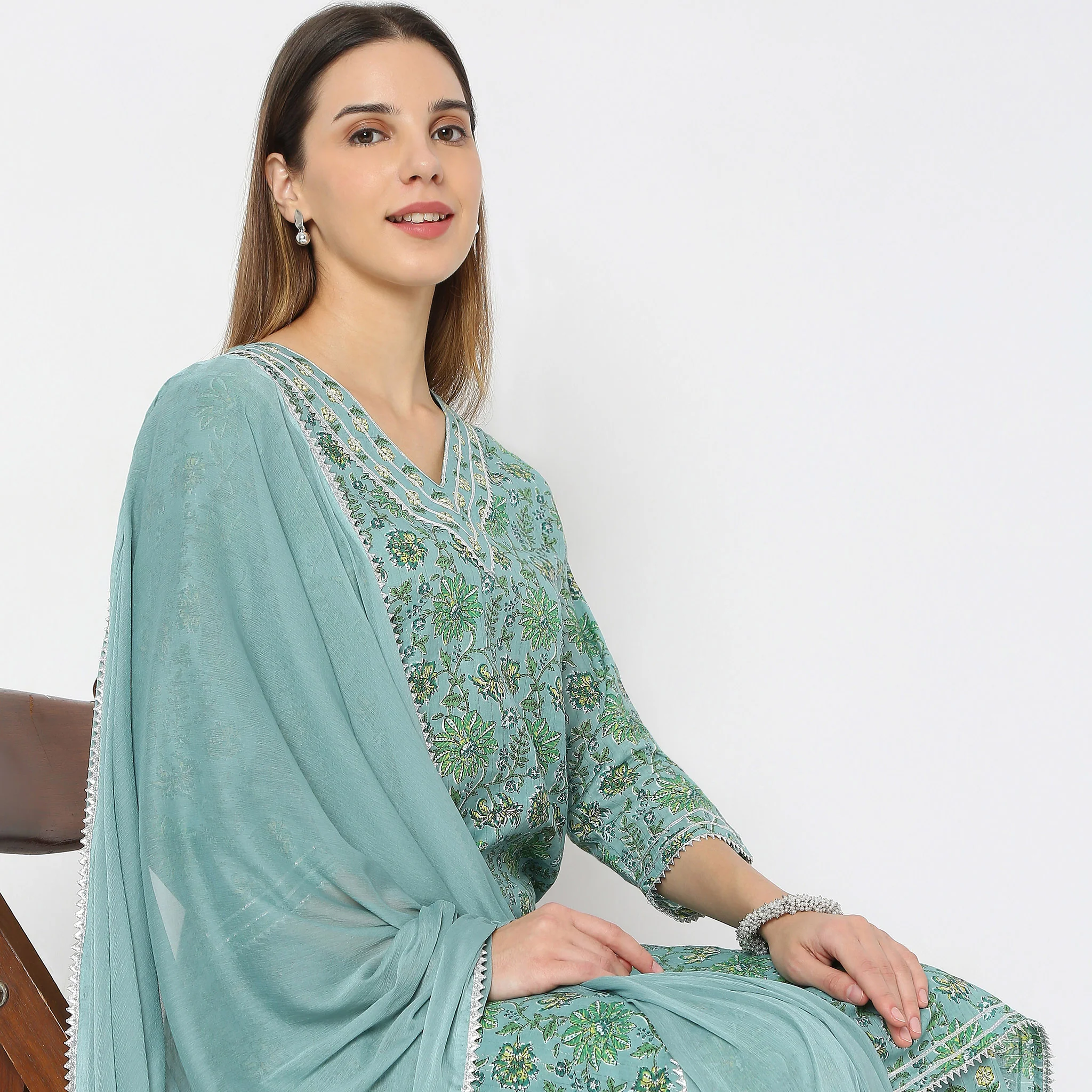 Printed V-Neck Handcrafted Elegance Flare Fit Kurta And Pant With Dupatta Set - Image 4