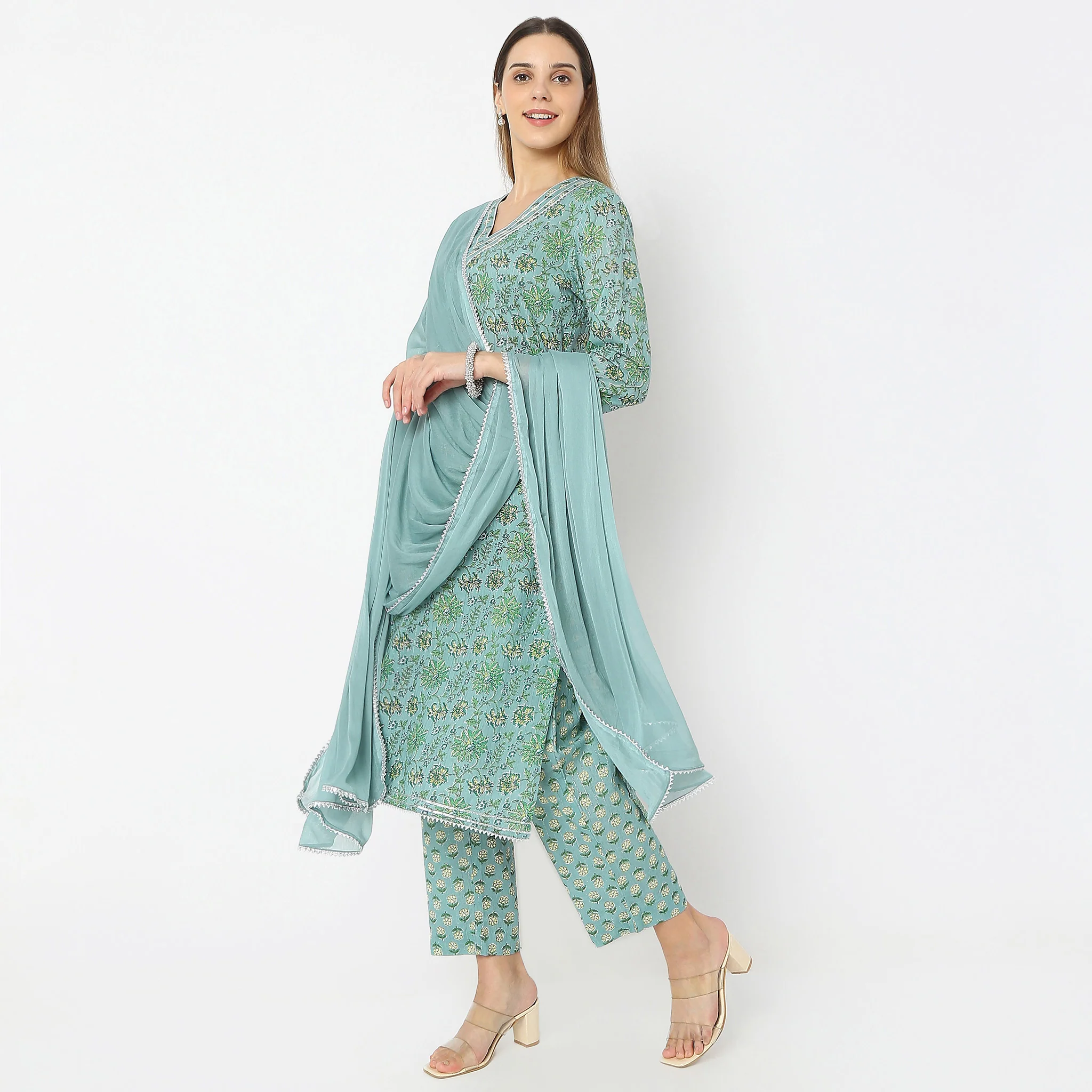 Printed V-Neck Handcrafted Elegance Flare Fit Kurta And Pant With Dupatta Set - Image 5