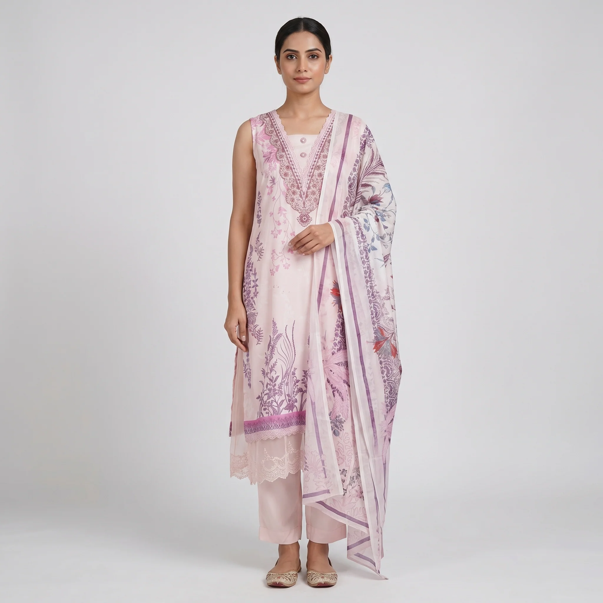 Printed V-Neck Kurta with Pant & Dupatta Set