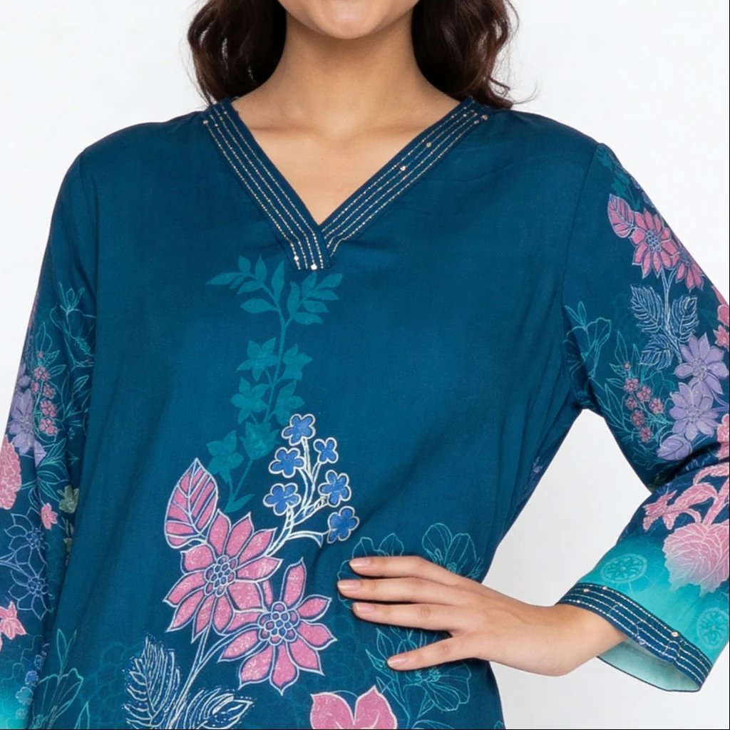 Printed V-Neck Kurta with Pant Set - Image 4