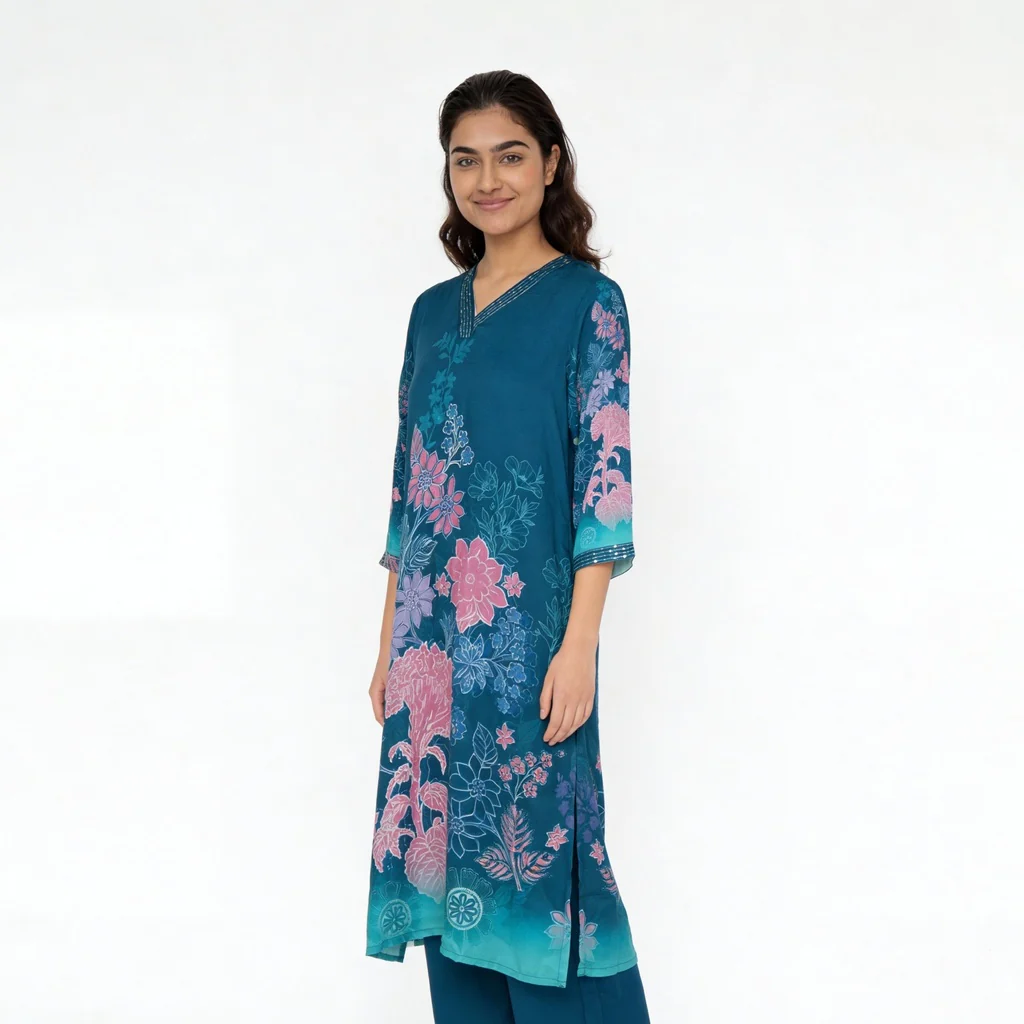 Printed V-Neck Kurta with Pant Set - Image 5