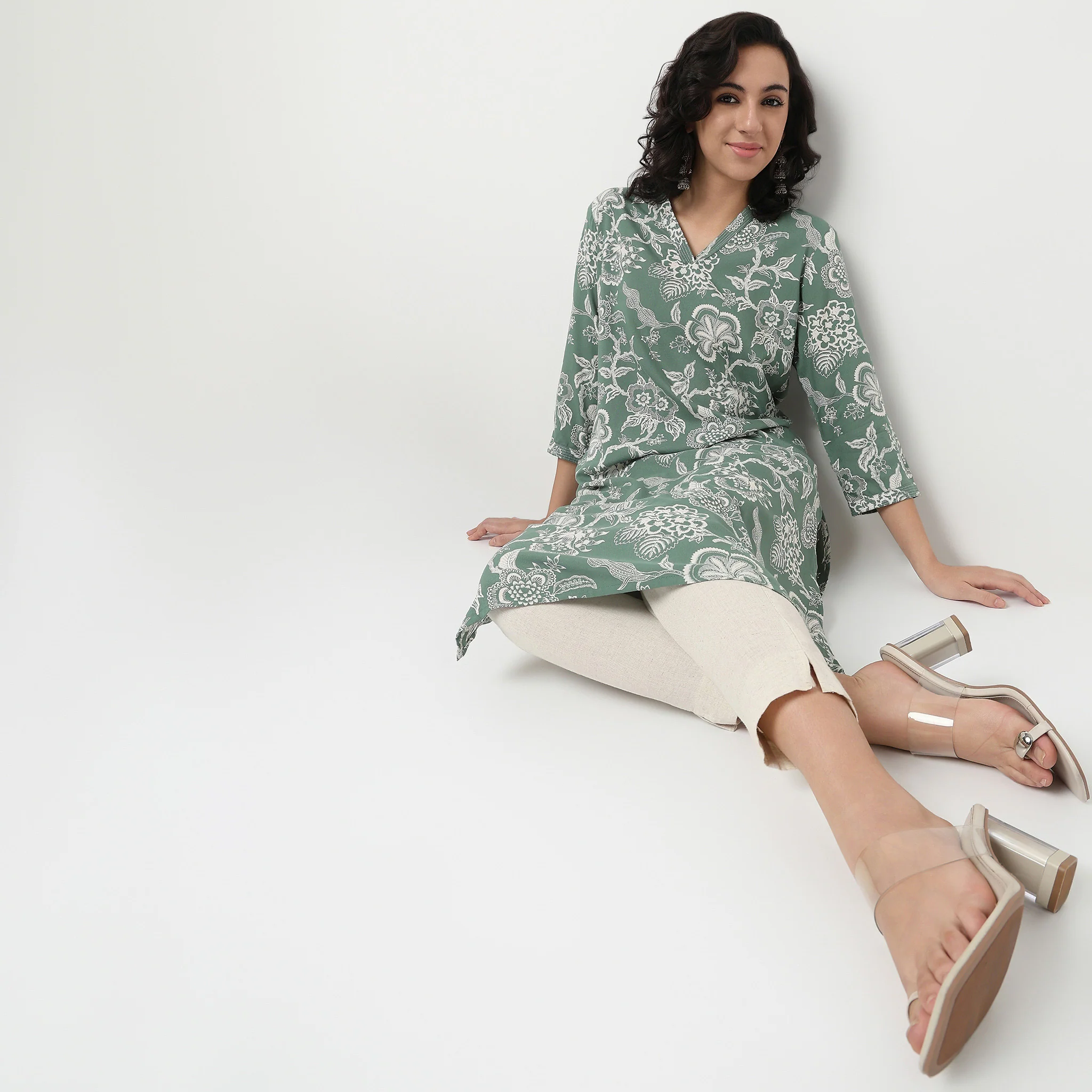 Printed V Neck Long Kurta With Couching