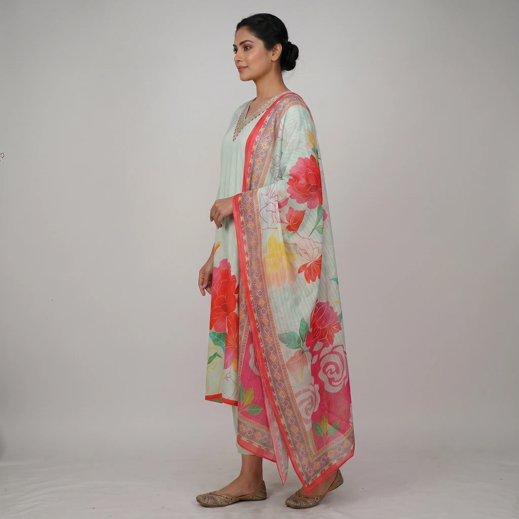 Printed V-Neck Straight Kurta and Pant with Dupatta Set - Image 2