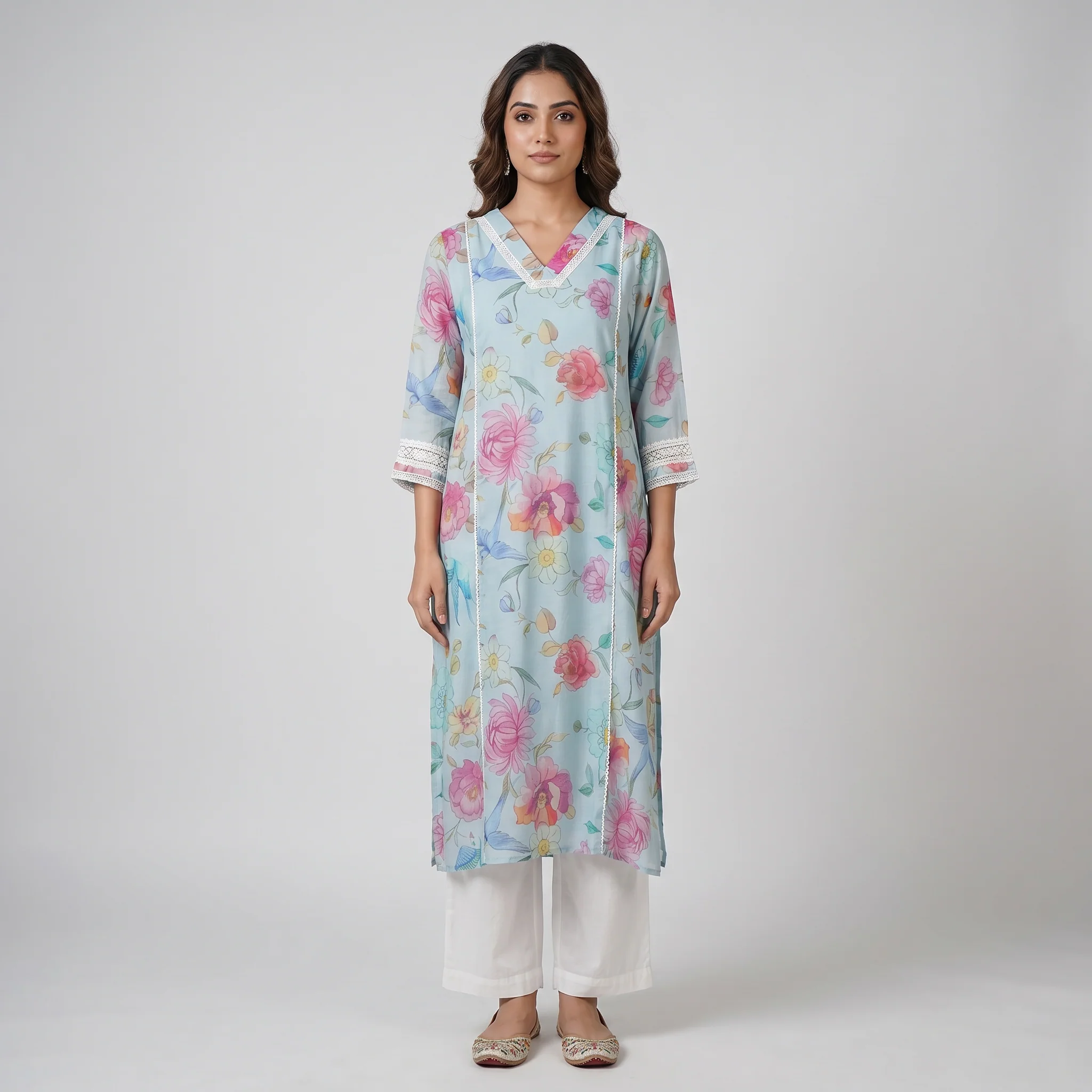 Printed V-Neck Straight Kurta