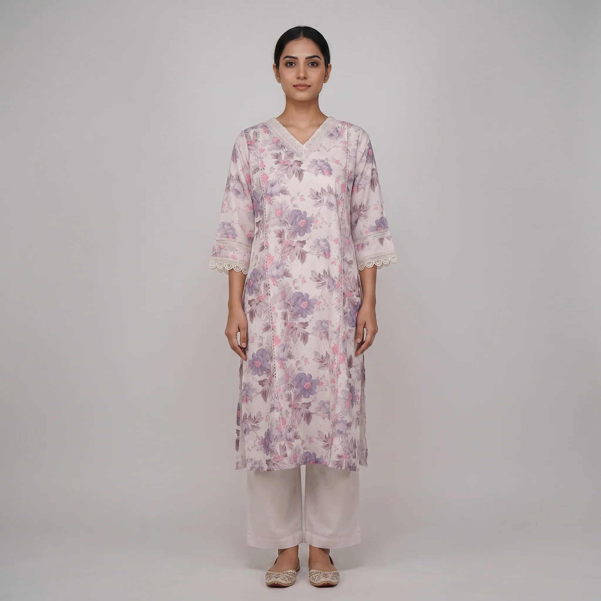 Printed V-Neck Straight Kurta