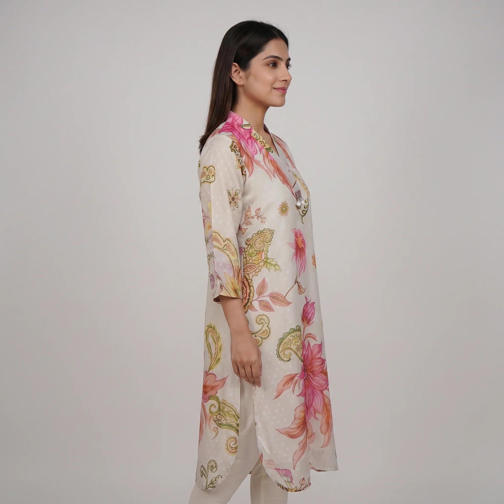 Printed V-Neck Straight Kurta - Image 2