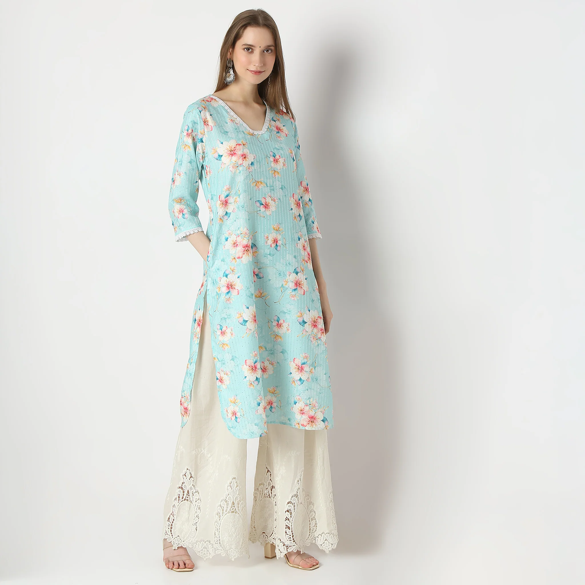Printed V-Neck Long Kurta