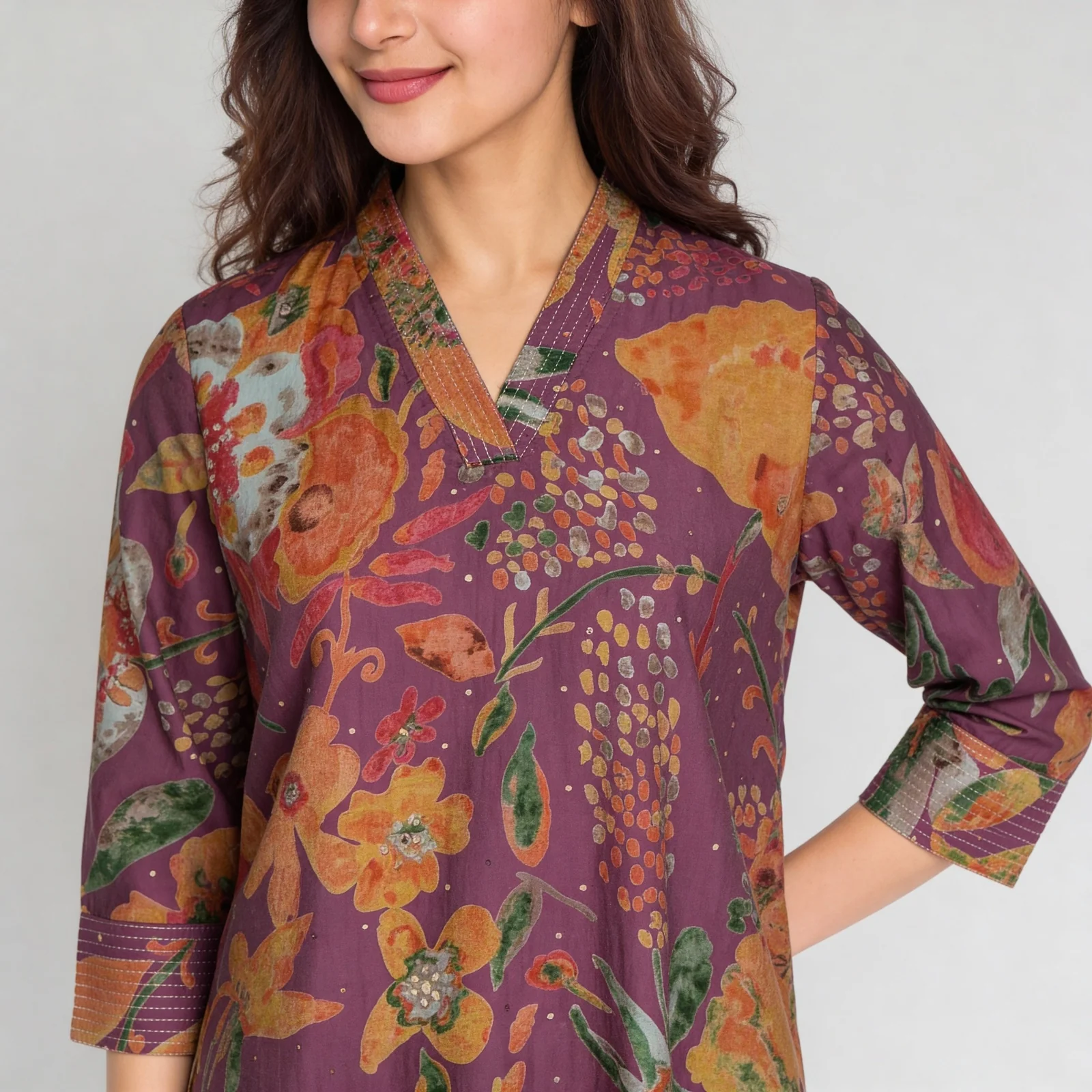 Printed V-Neck Straight Kurta with Pant Set - Image 4