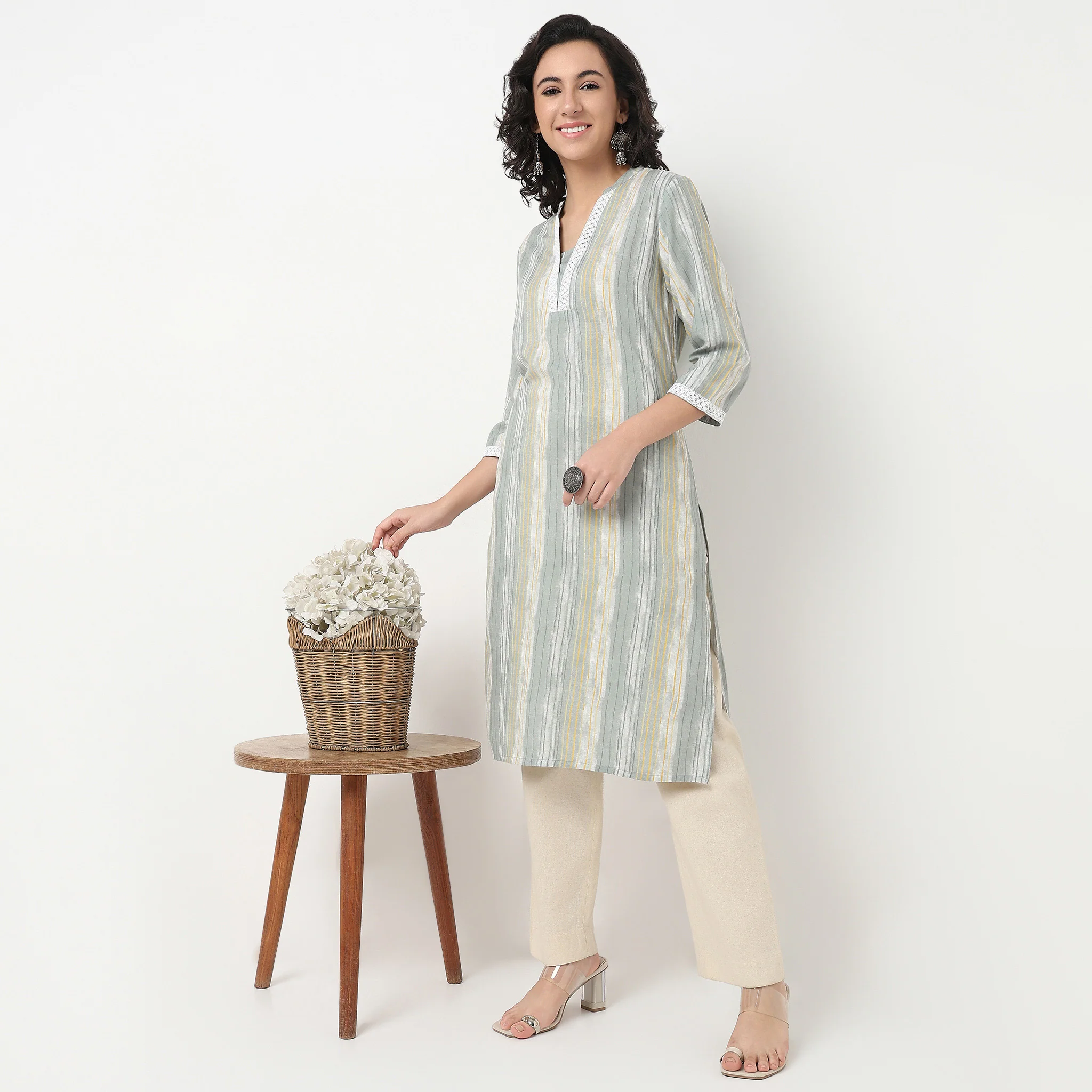 Printed V Neck With Gusset Long Kurta