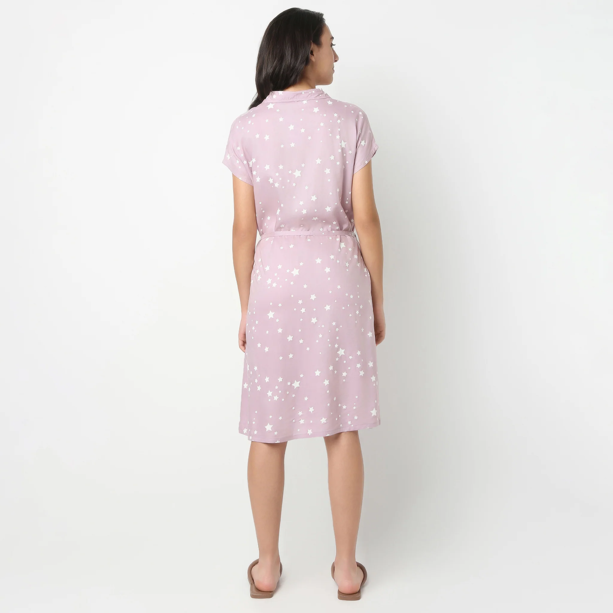 Knee Length All Over Print Night Gown With Waist Tie String - Image 3
