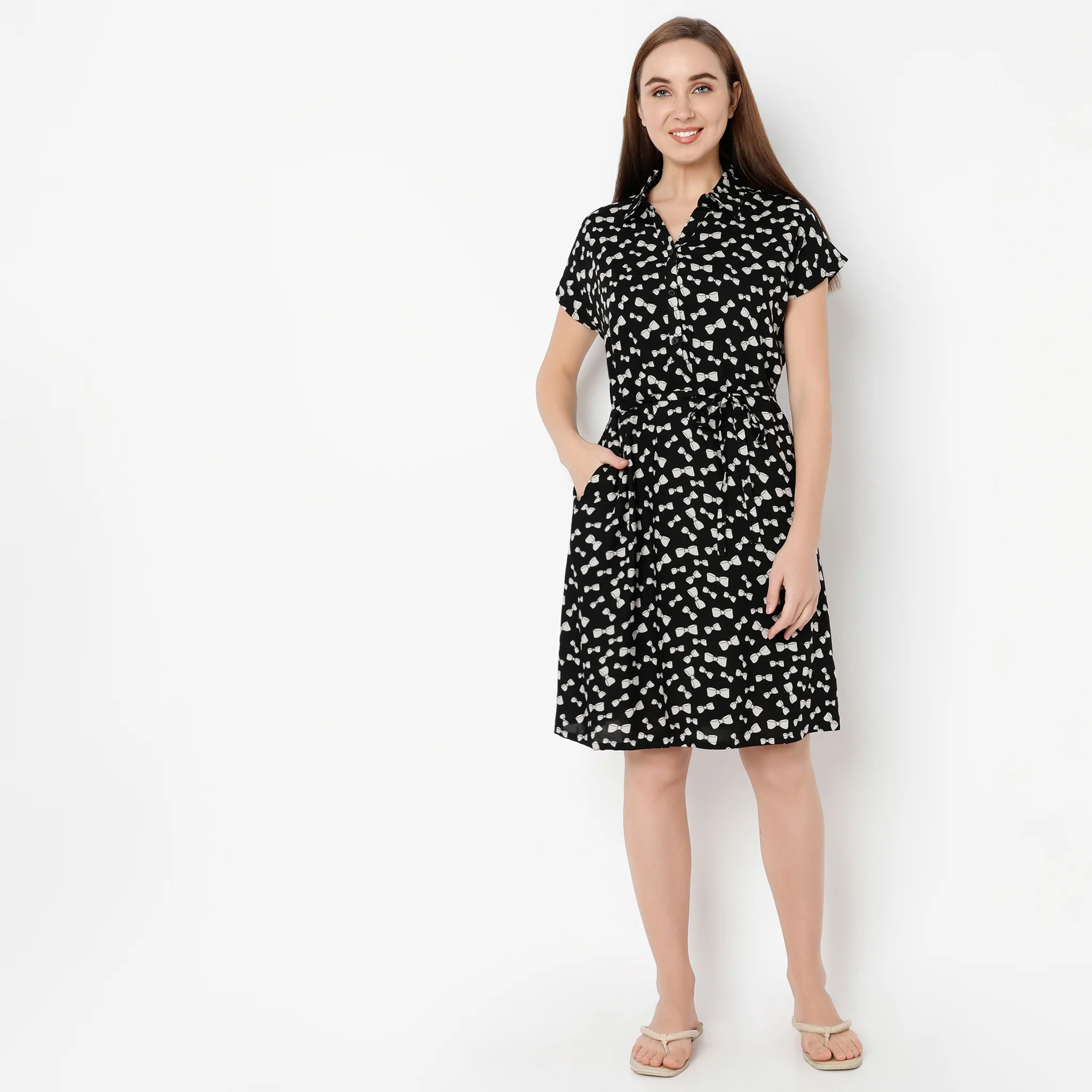 Knee Length All Over Print Night Gown With Waist Tie String - Image 2