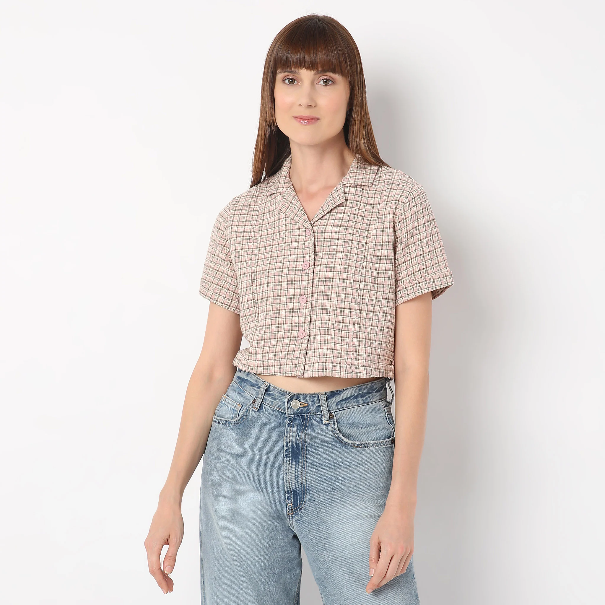 Checkered Lapel Collar Short Sleeve Crop Shirt - Image 7