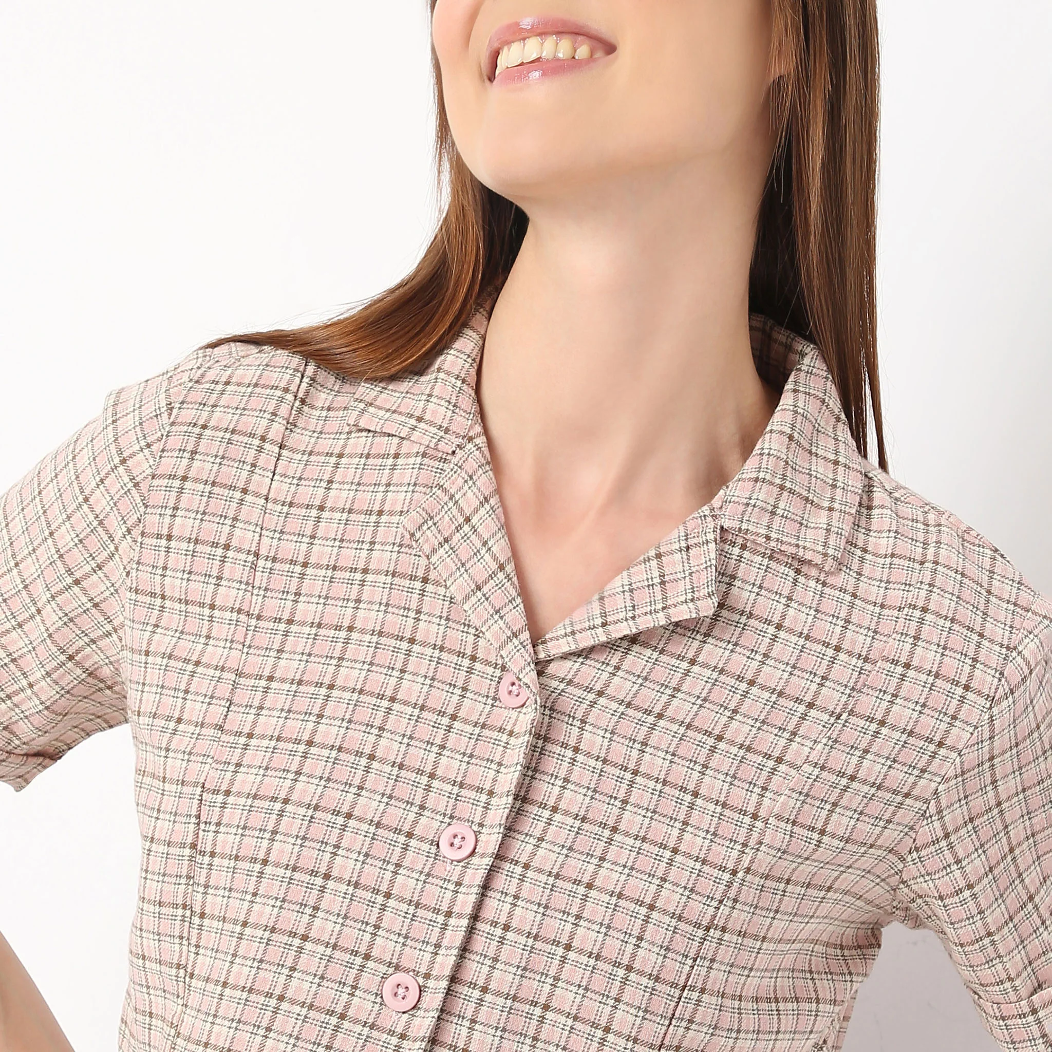Checkered Lapel Collar Short Sleeve Crop Shirt - Image 9