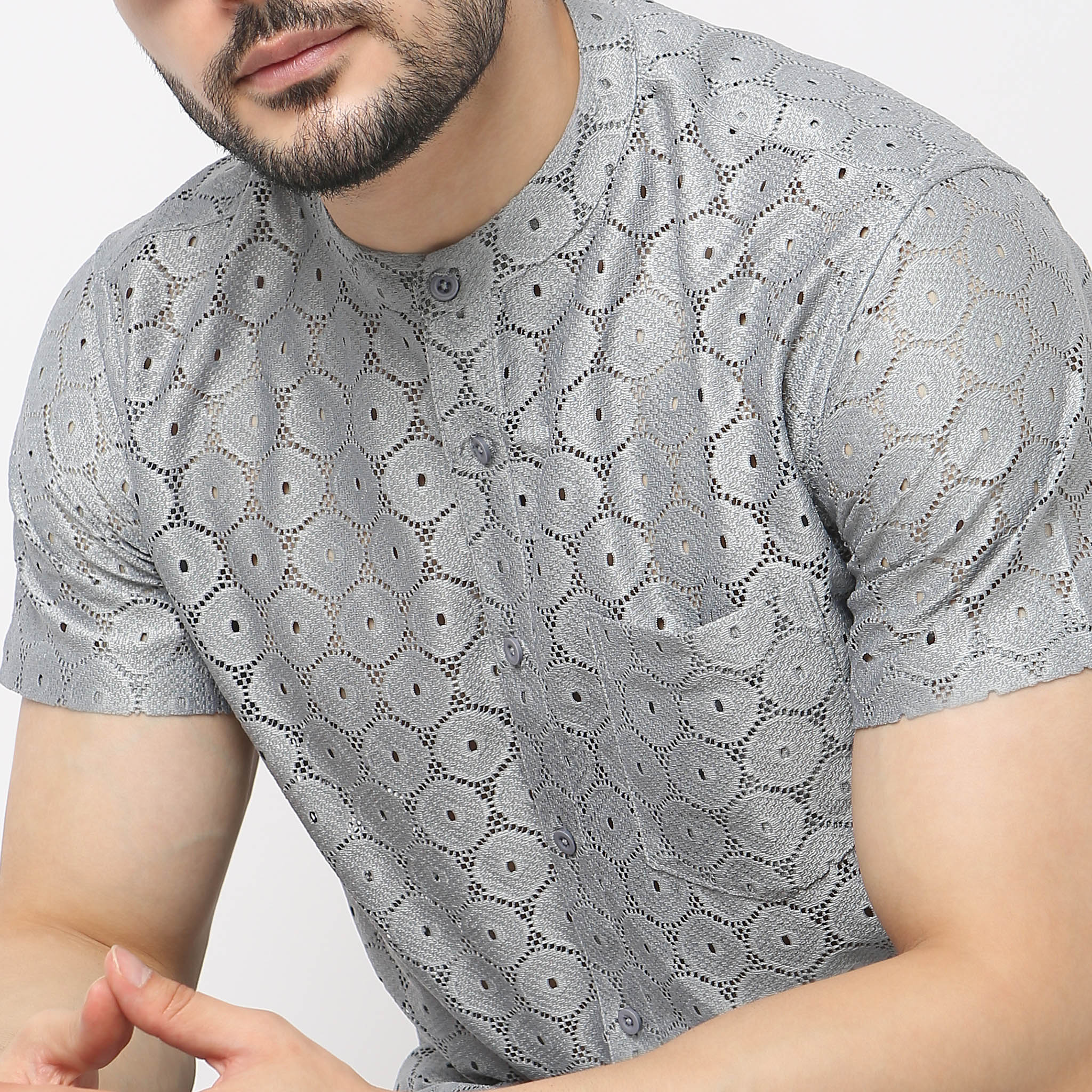 Modern Ethnic - Celebration Crochet Band Collar Shirt - Regular Fit - Image 4