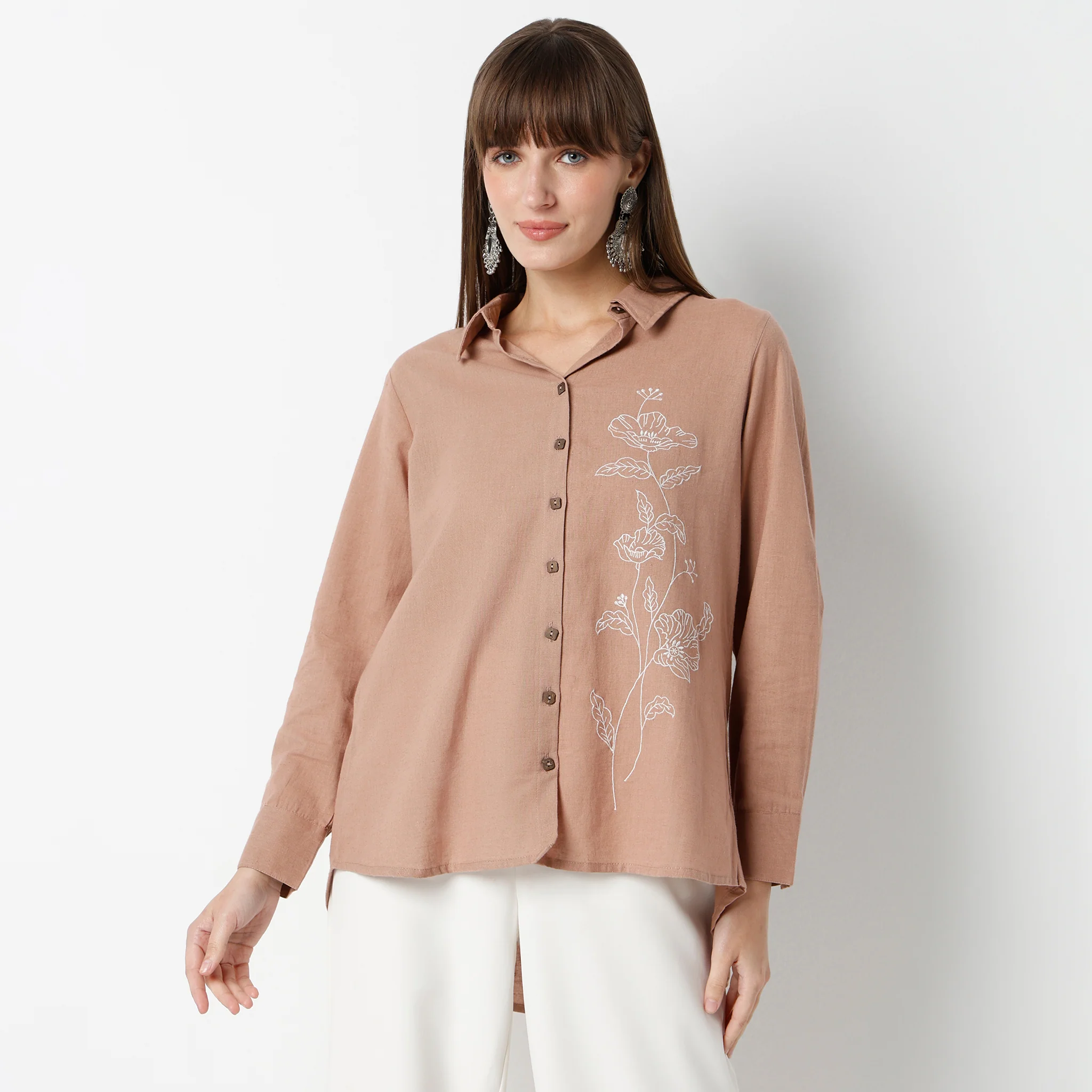 Embroidered Camp Collar Straight Full Sleeve Shirt - Image 2