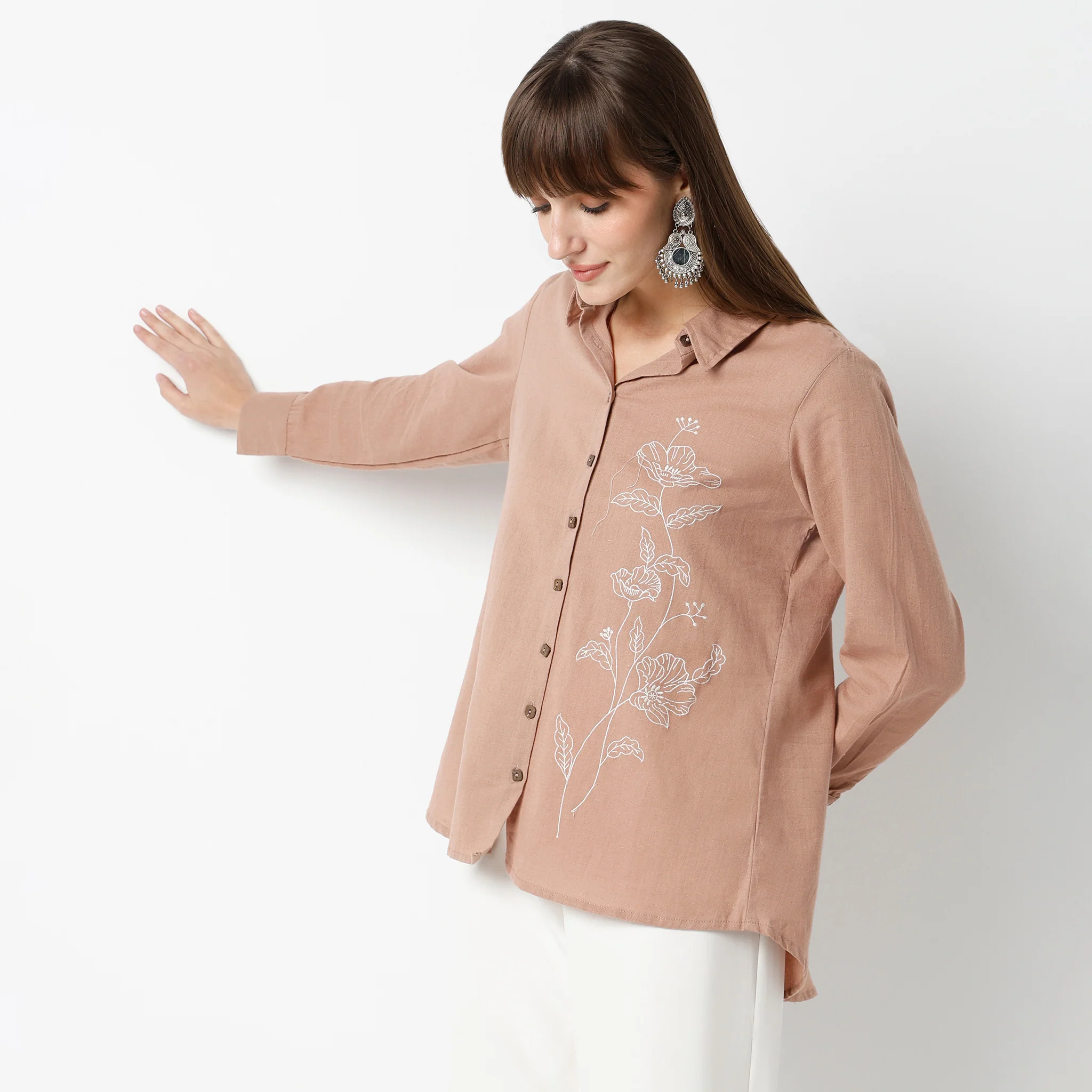Embroidered Camp Collar Straight Full Sleeve Shirt - Image 4