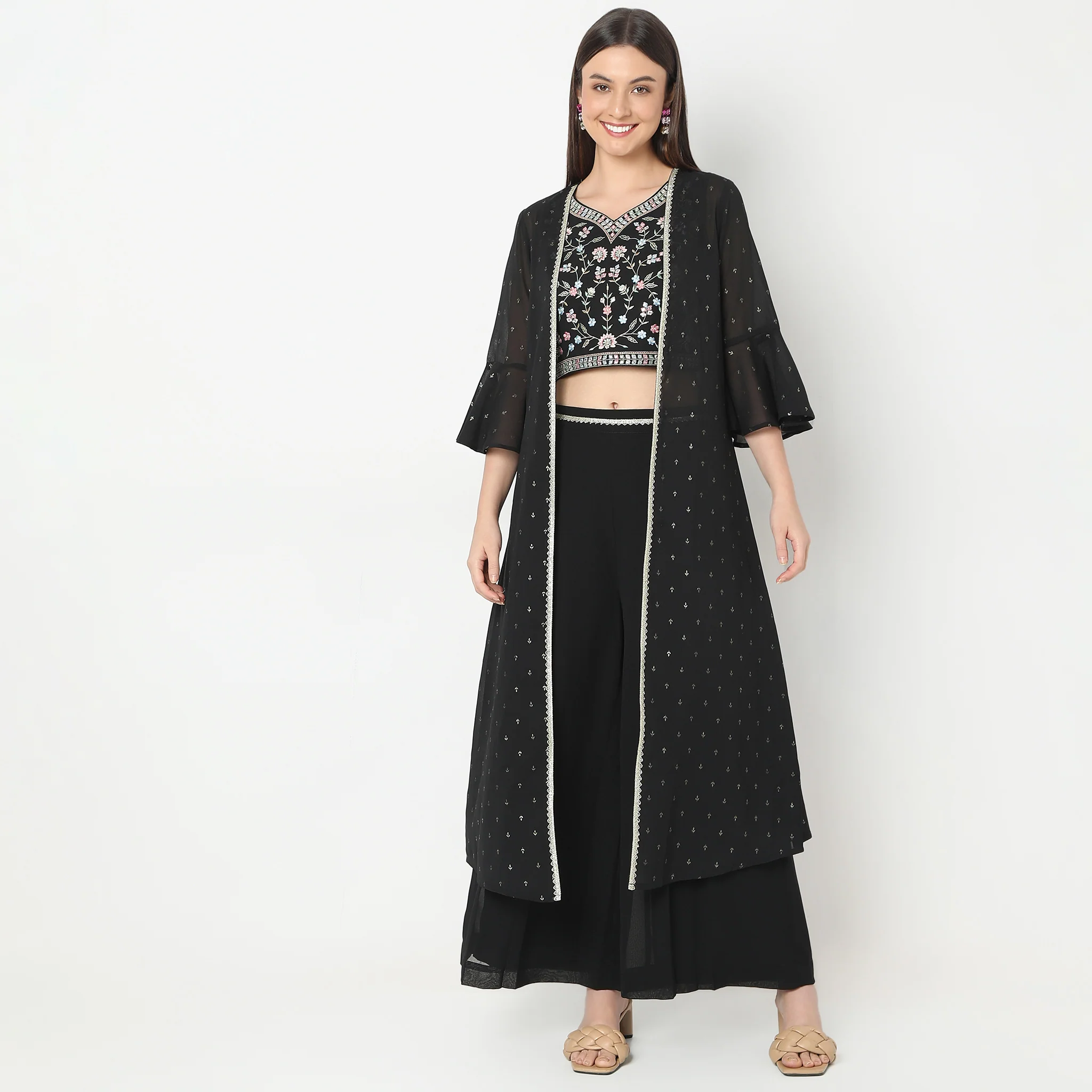 Regular Fit Embroidered Top With Palazzo & With Shrug Set - Image 2