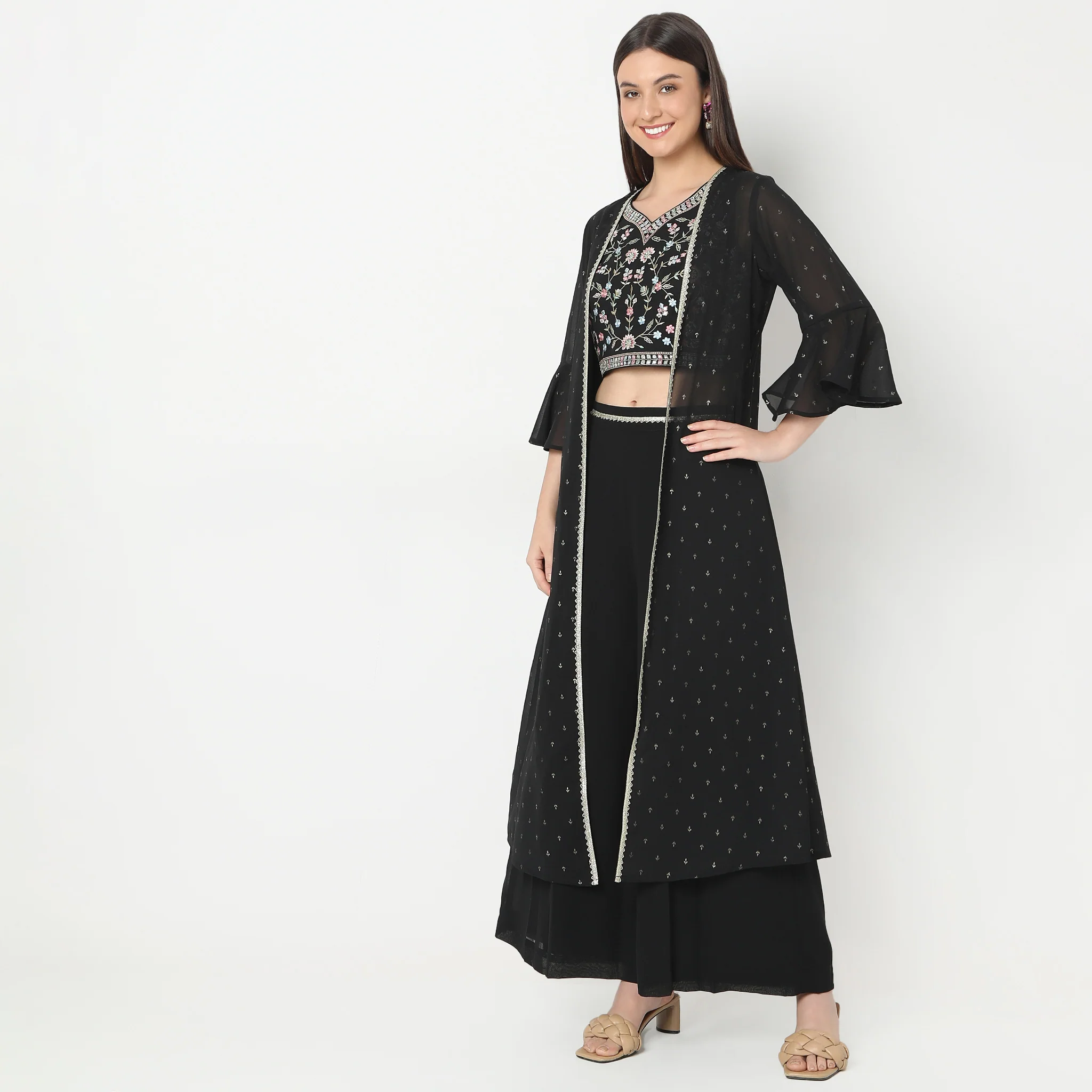 Regular Fit Embroidered Top With Palazzo & With Shrug Set - Image 5