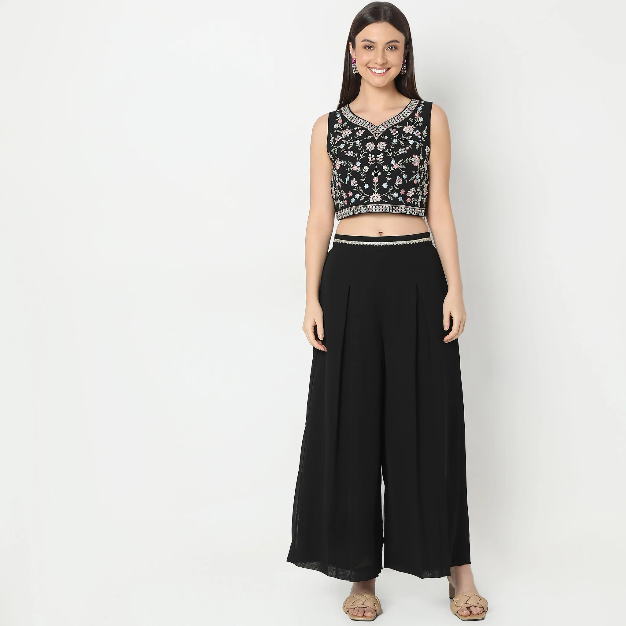 Regular Fit Embroidered Top With Palazzo & With Shrug Set - Image 8