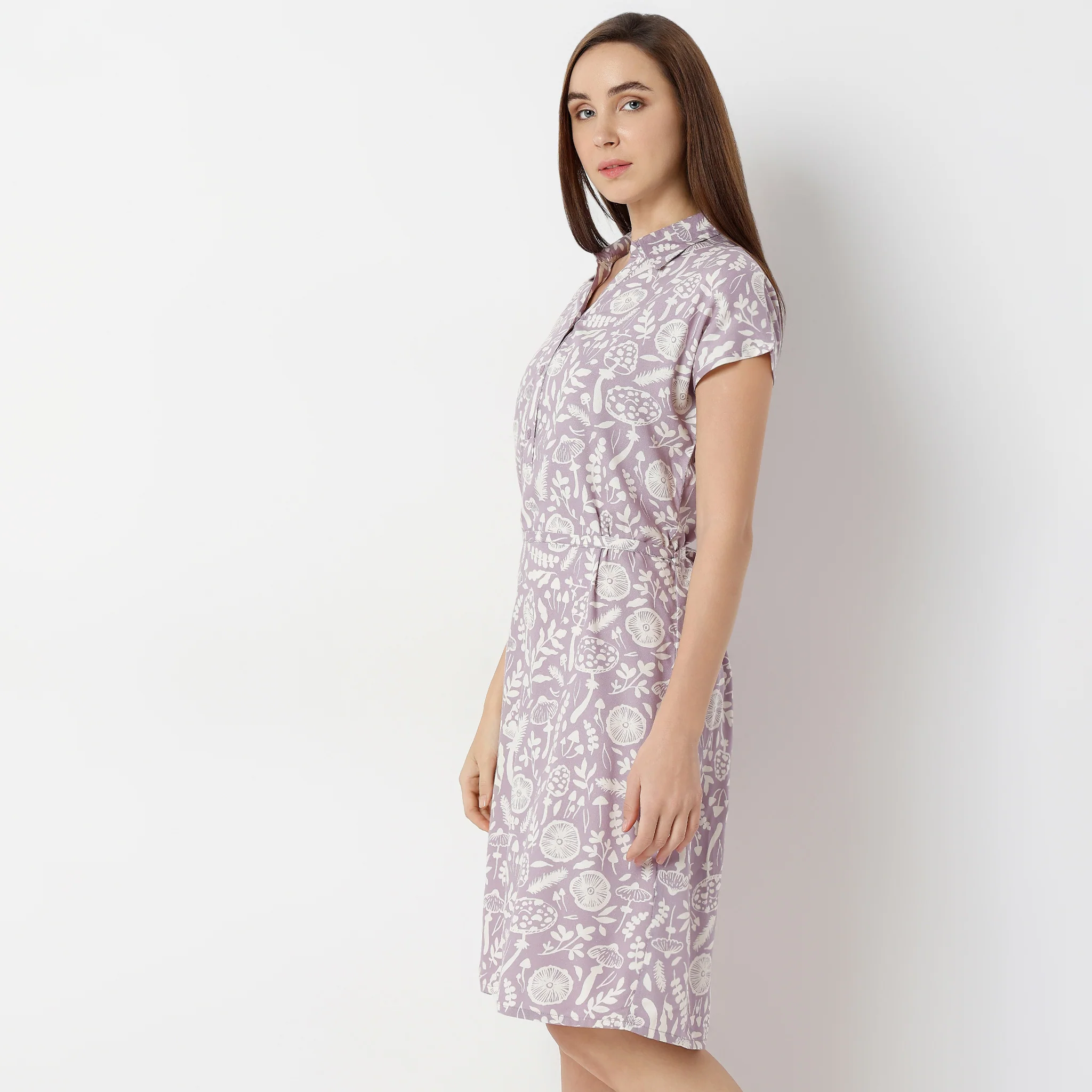 Shirt Collar Short Length Floral Print Lounge Short Gown - Image 5