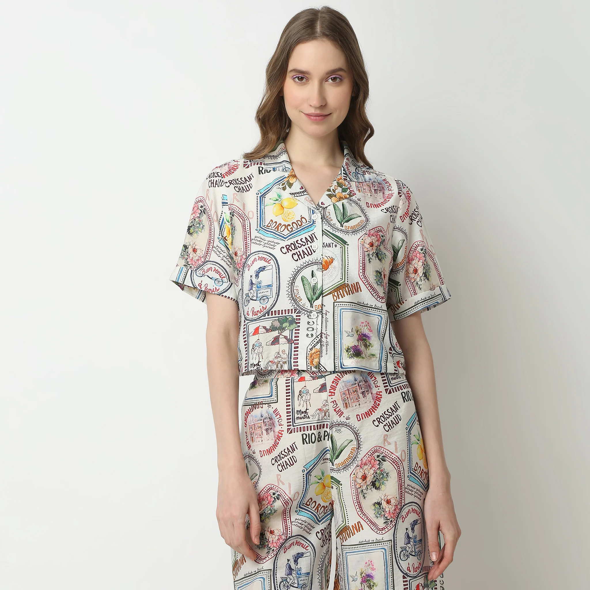 Geometric Short Sleeve Lapel Collar Shirt - Image 2