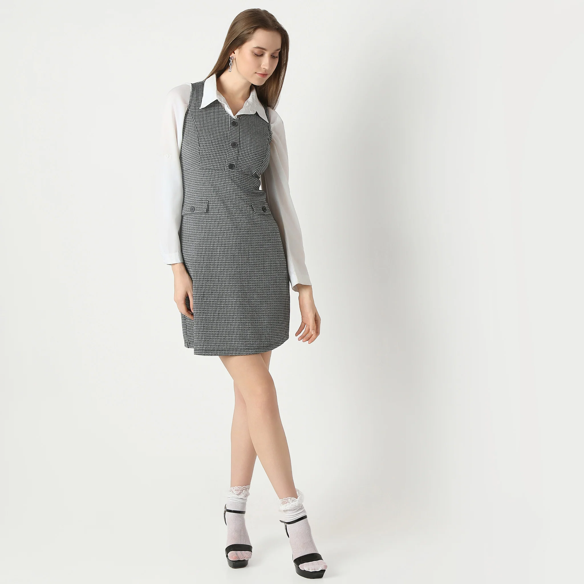 Above Knee V-Neck Sleeveless With Houndstooth Pattern Dress