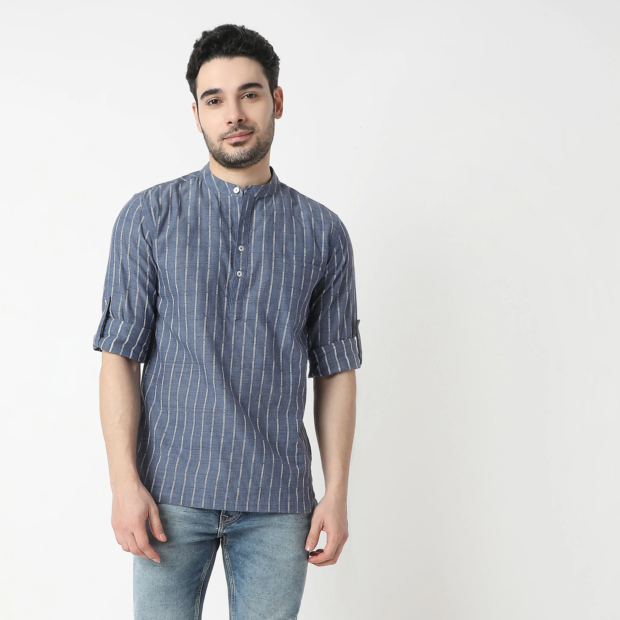 Striped Yarn Dyed Full Sleeve Straight Short Kurta - Image 2