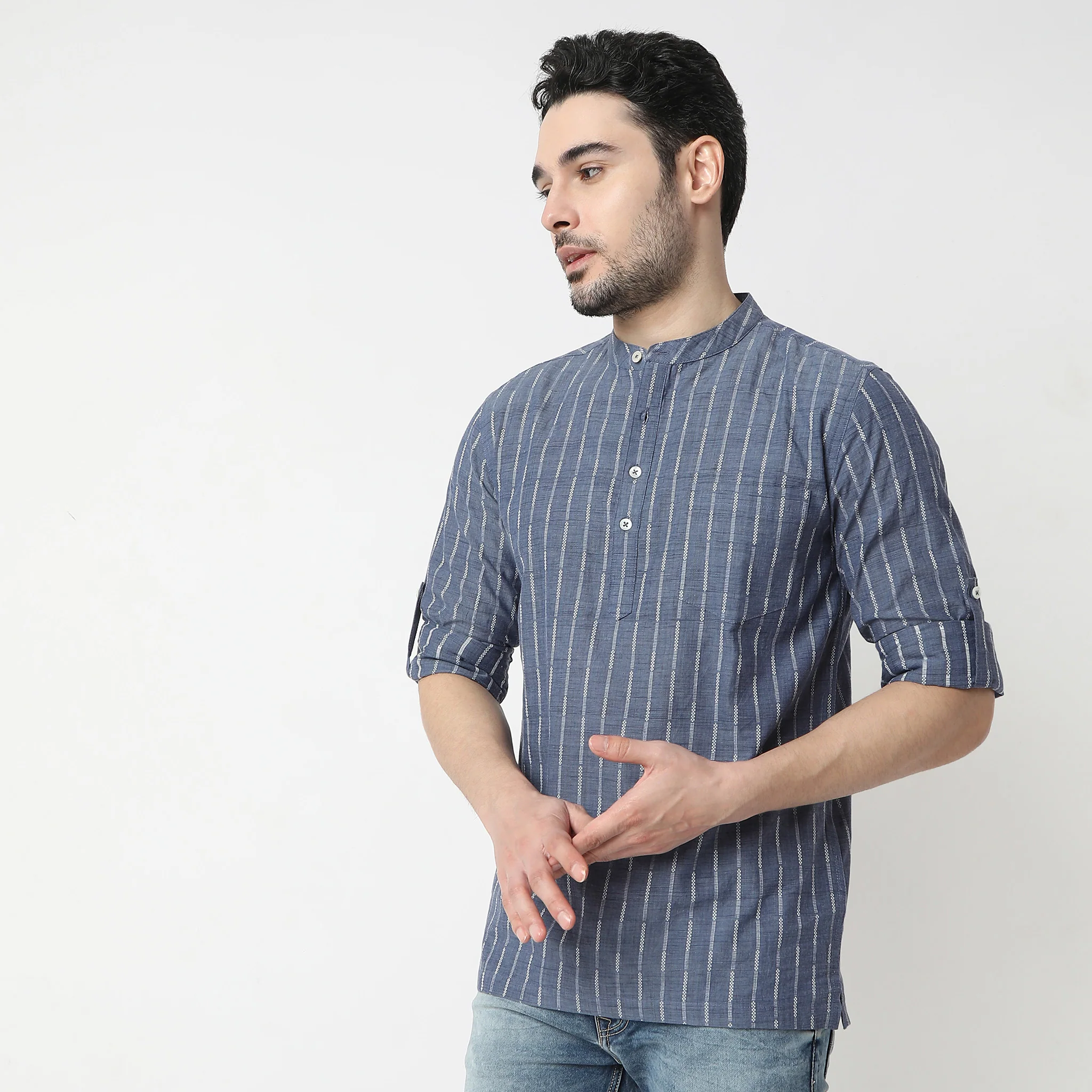 Striped Yarn Dyed Full Sleeve Straight Short Kurta - Image 5