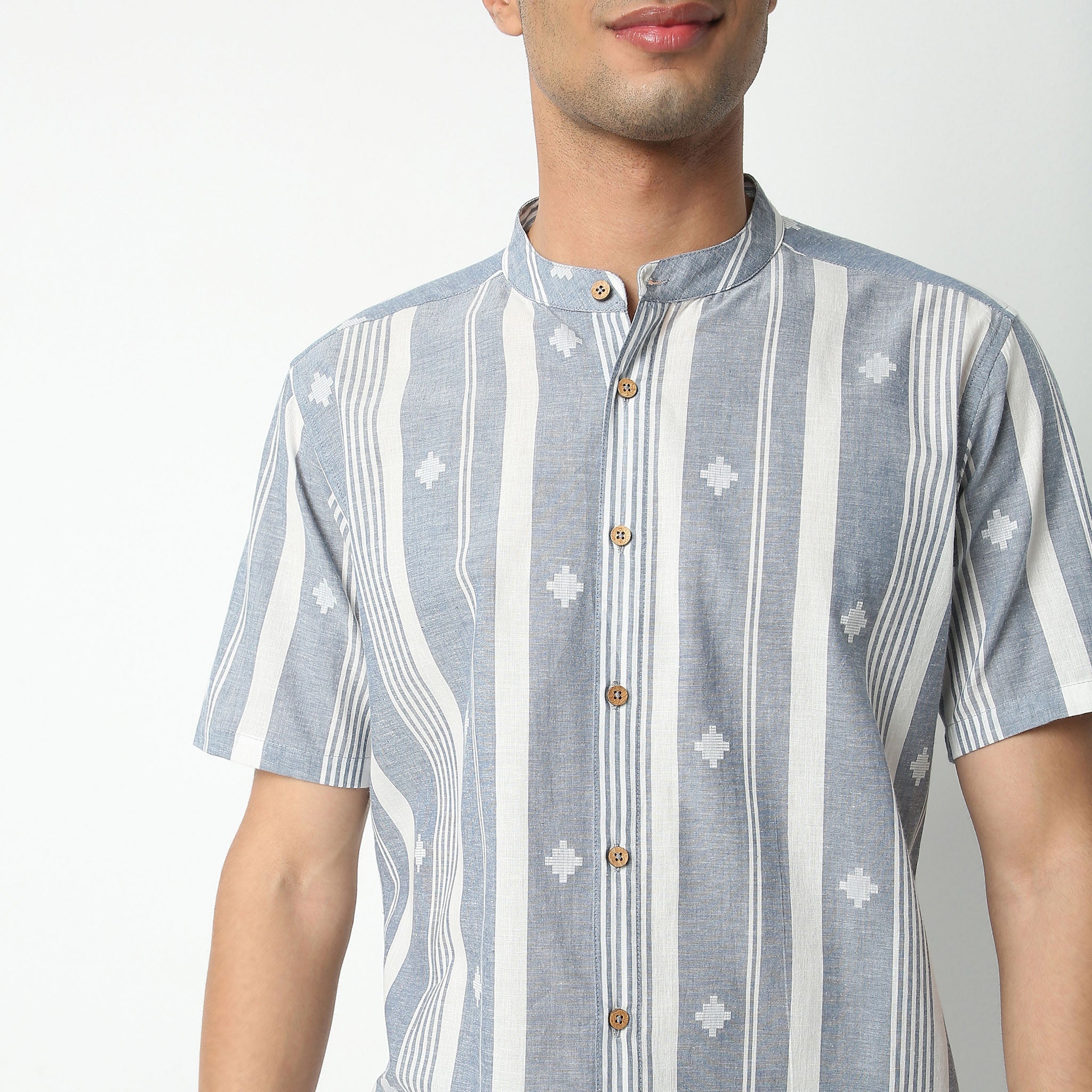 Jacquard Mandarin Collar Half Sleeve Yarn Dyed Shirt - Image 4