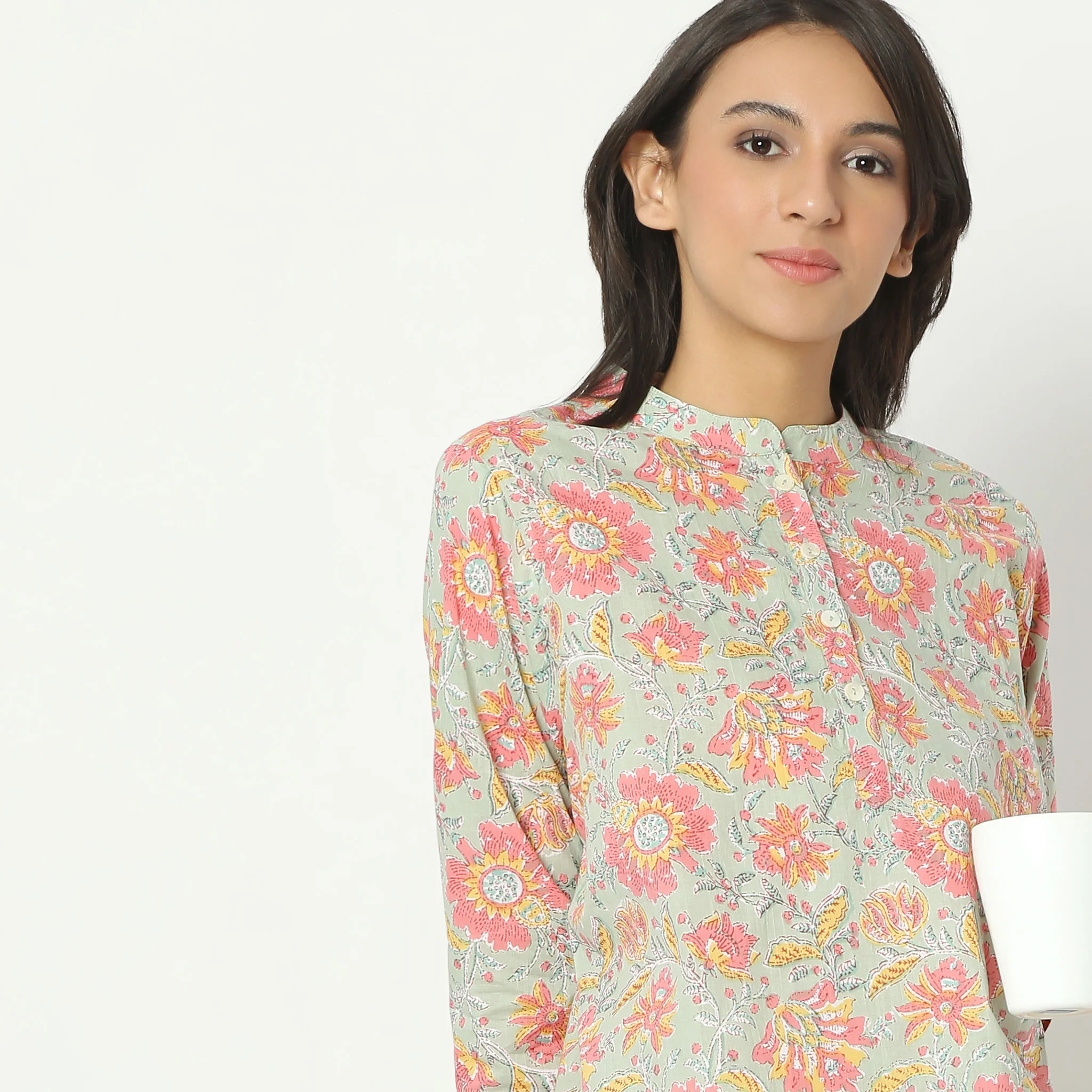 Printed Full Length Band Collar Short Sleeve Top With Pyjama Set - Image 4